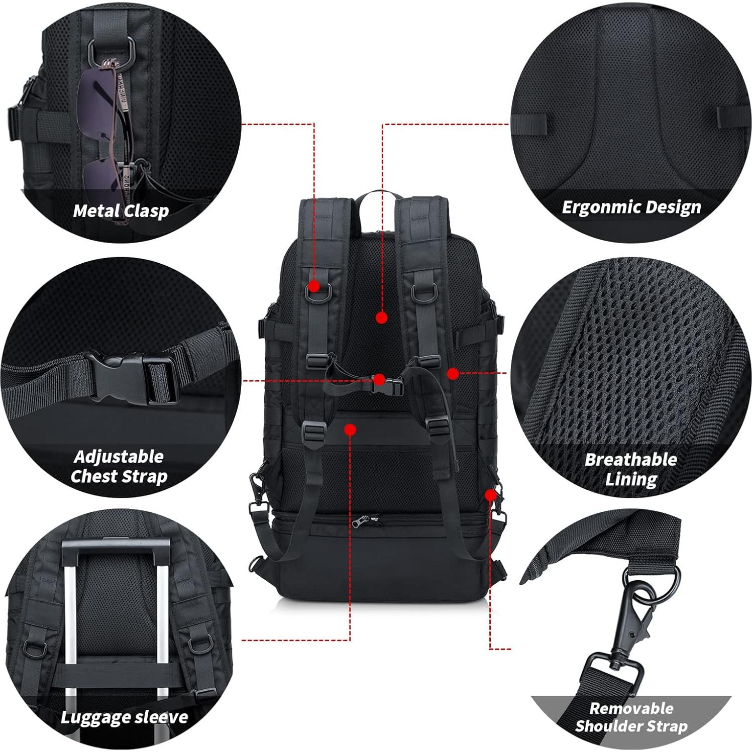 BERTASCHE Lunch Backpack for Men, 15.6 Inch Laptop Backpack for Work College Travel Camping Tactical Molle Daypack, Black