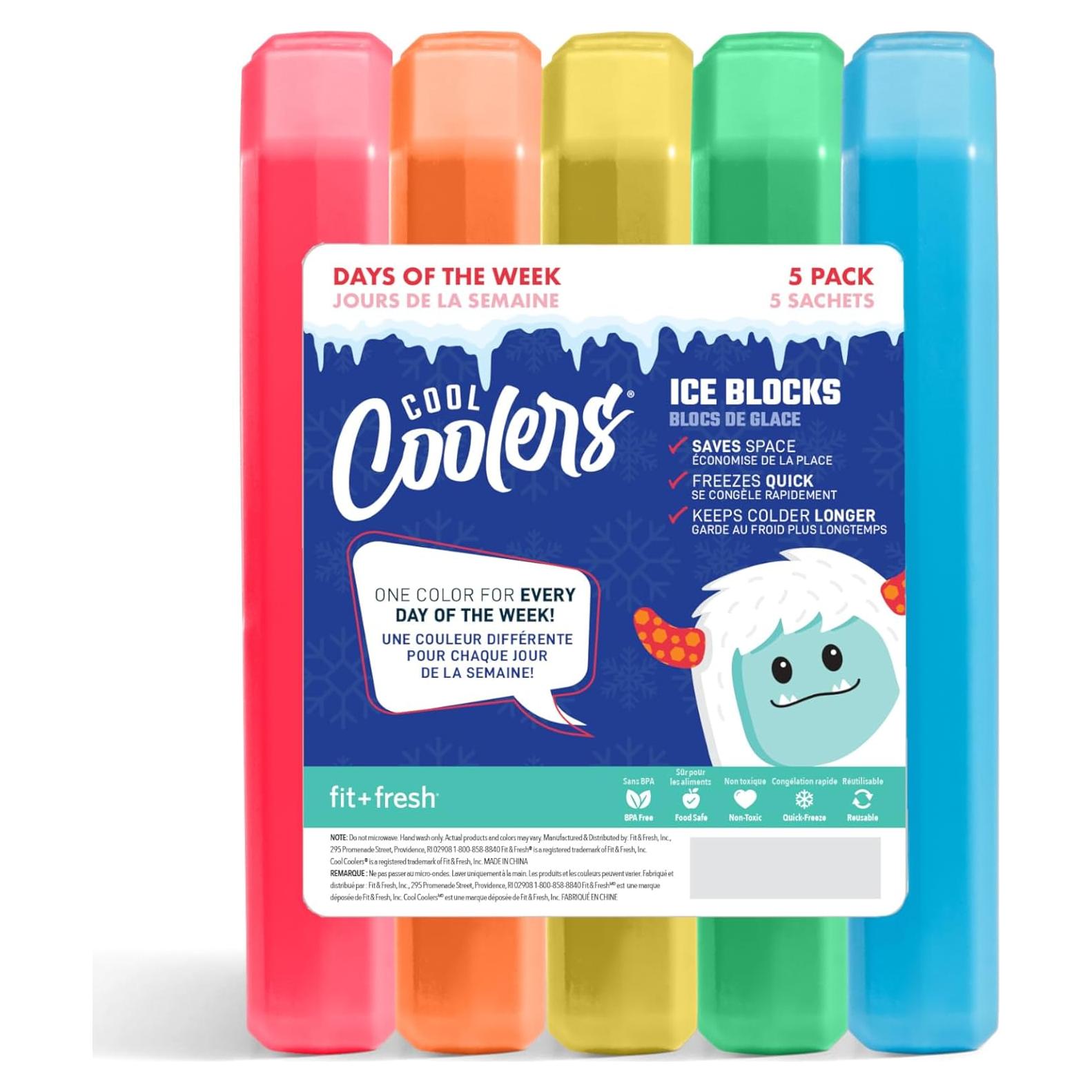 Cool Coolers by Fit + Fresh, 5 Pack Days of the Week Ice Blocks, Compact Reusable Ice Packs for Lunch Boxes & Coolers, Multi Colored