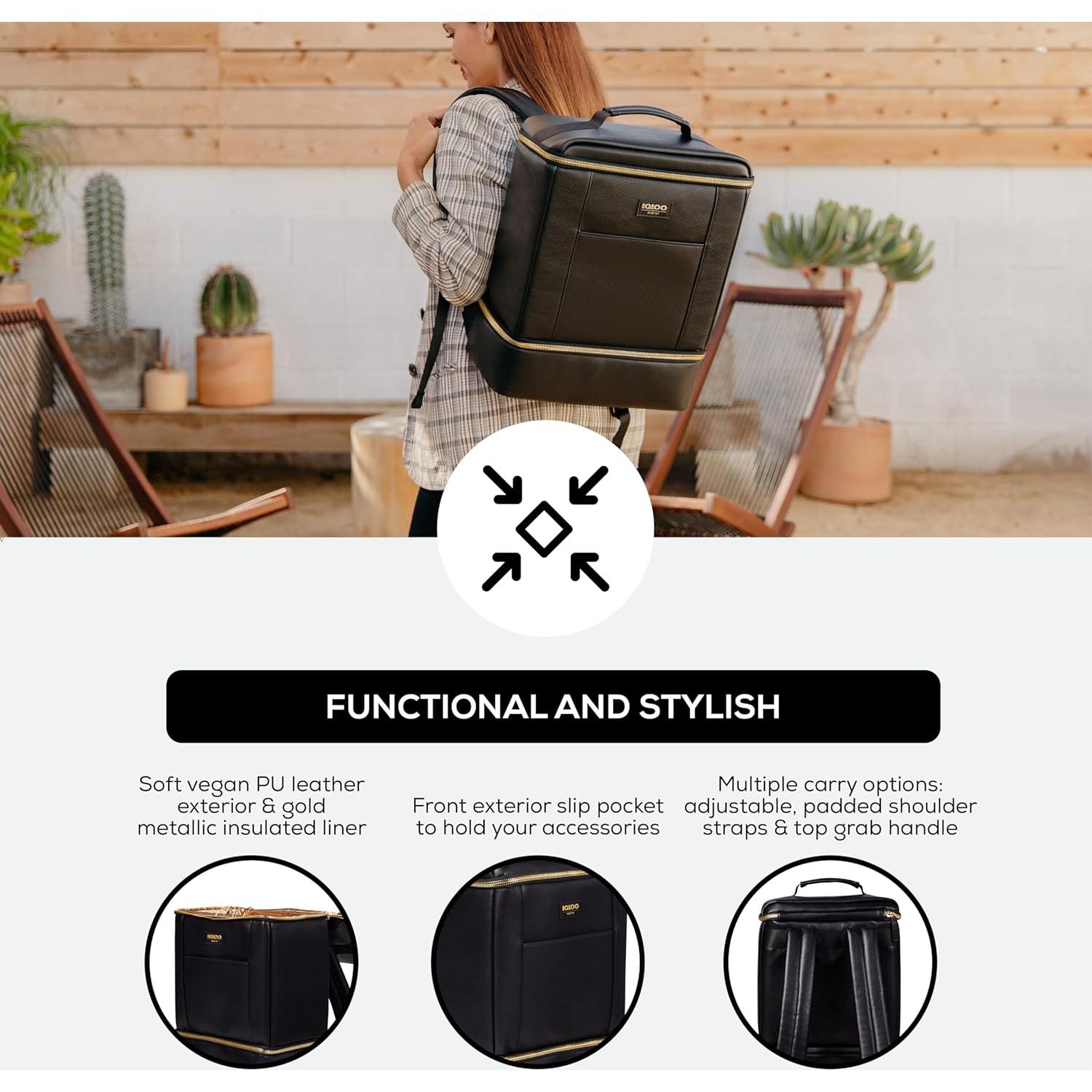 Bolsa Térmica Aislada Igloo Mochila 26 Latas Cuero Negro