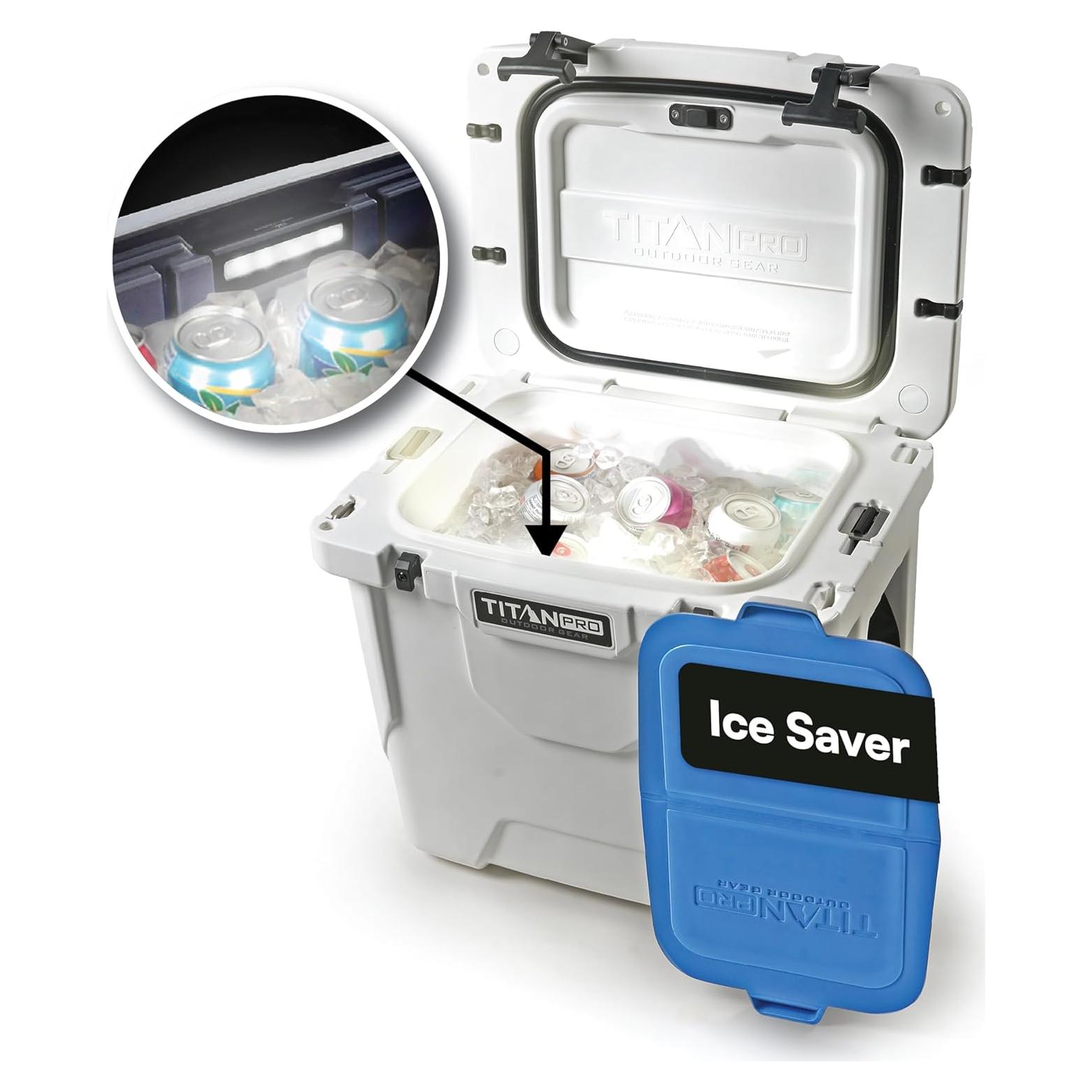 Titan PRO High Performance Ice Chest - 25 Quart Capacity - Hard Cooler with Interior LED Light, Ice Saver Performance Booster and Microban Protection - Arctic White