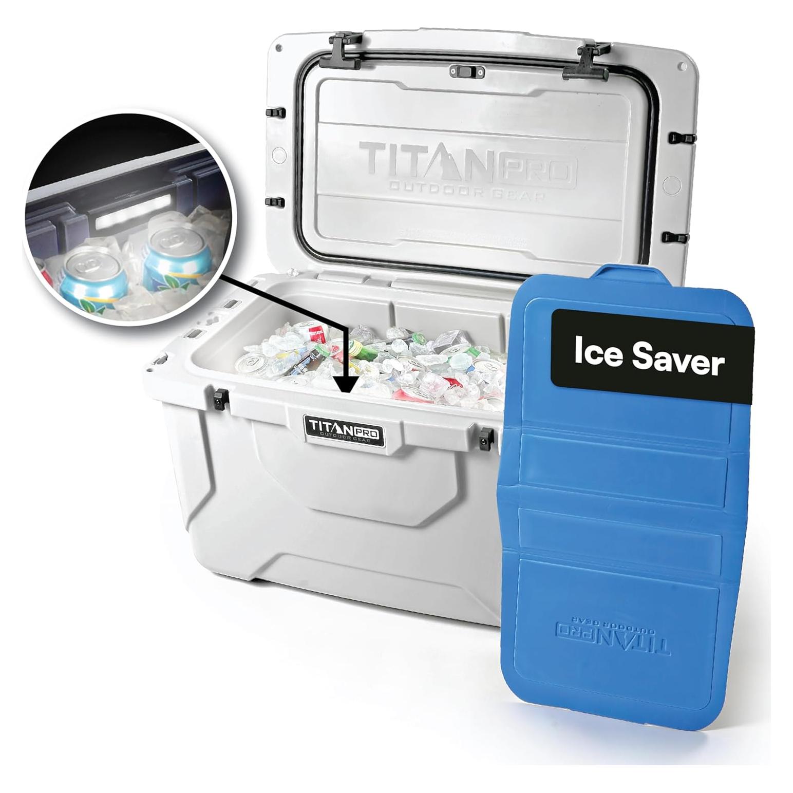 High Performance Ice Chest - 55 Quart Capacity - Hard Cooler with Interior LED Light, Dry Bin, Ice Saver Performance Booster and Microban Protection - Arctic White