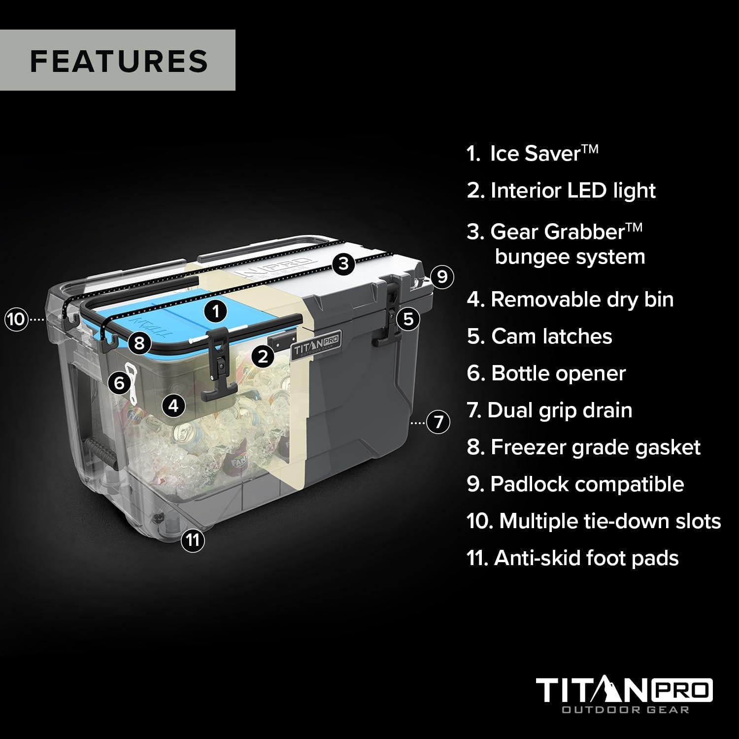 High Performance Ice Chest - 55 Quart Capacity - Hard Cooler with Interior LED Light, Dry Bin, Ice Saver Performance Booster and Microban Protection - Arctic White