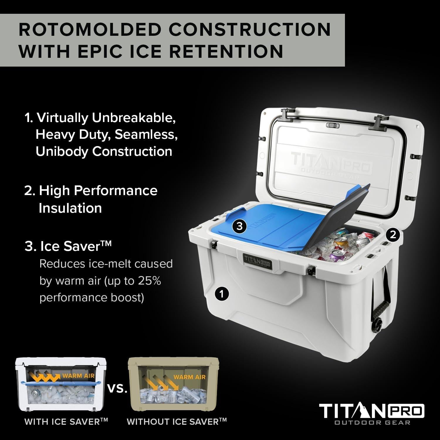 High Performance Ice Chest - 55 Quart Capacity - Hard Cooler with Interior LED Light, Dry Bin, Ice Saver Performance Booster and Microban Protection - Arctic White