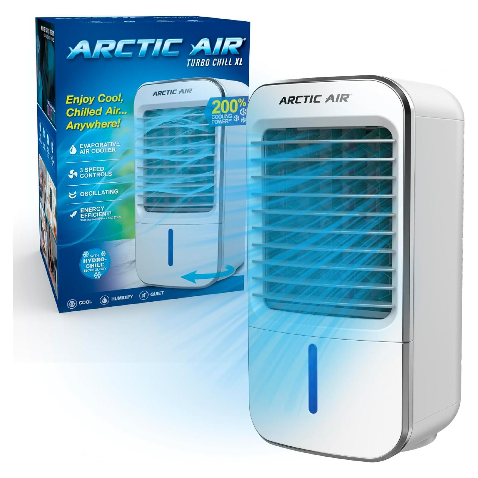 Arctic Air Turbo Chill XL Evaporative Air Cooler, Lightweight & Whisper Quiet, 3-Speed Cooling Fan with Mist Control, Oscillating & Adjustable Grill, Quick View Water Level