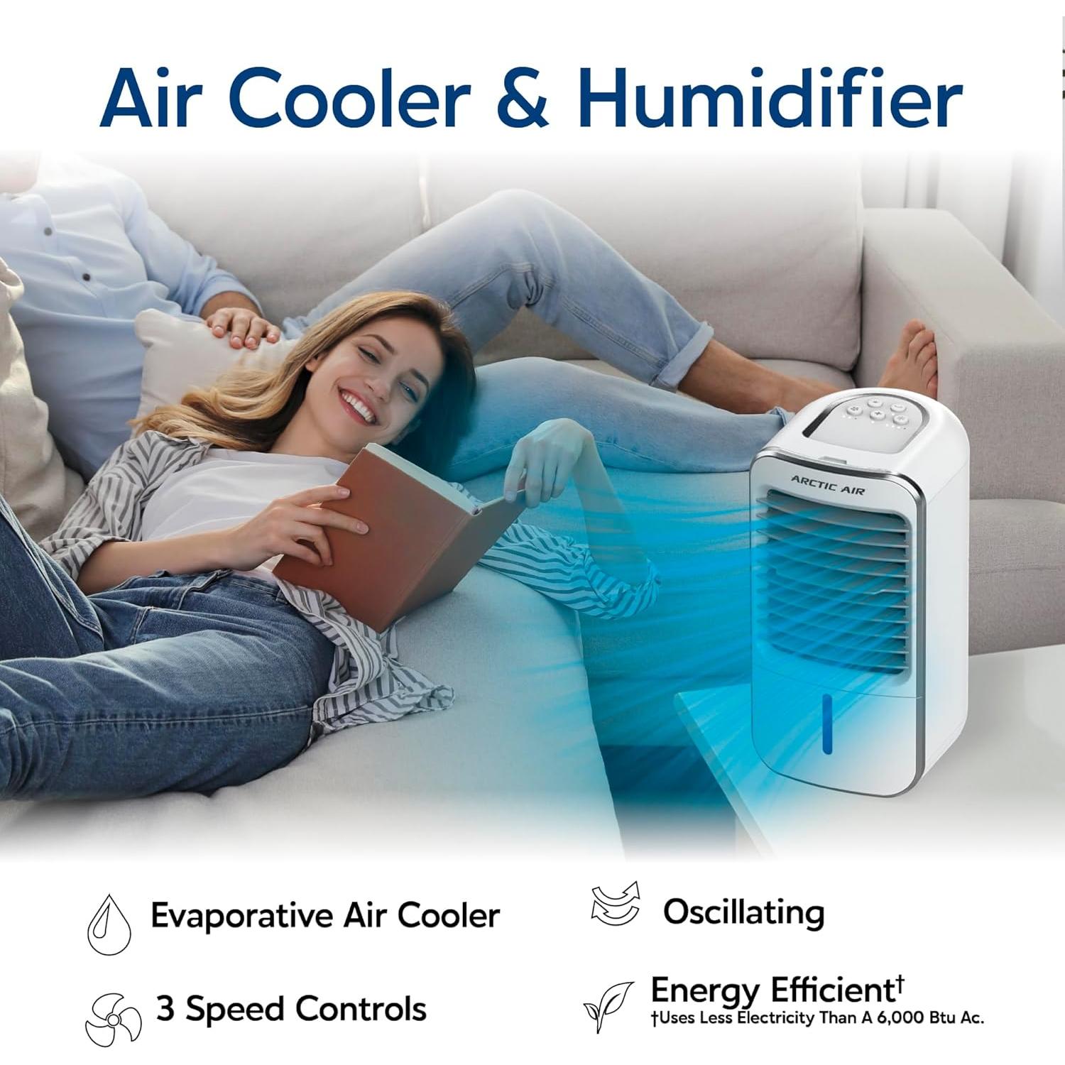 Arctic Air Turbo Chill XL Evaporative Air Cooler, Lightweight & Whisper Quiet, 3-Speed Cooling Fan with Mist Control, Oscillating & Adjustable Grill, Quick View Water Level