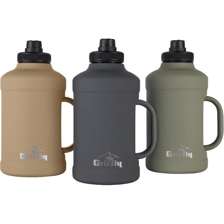 Grizzly 64oz Water Bottle | Vacuum Insulated | Leak Resistant Lid | Stainless Steel| Heavy Duty Handle | For Gym Hiking Beach Sports Camping | Stealth Gray