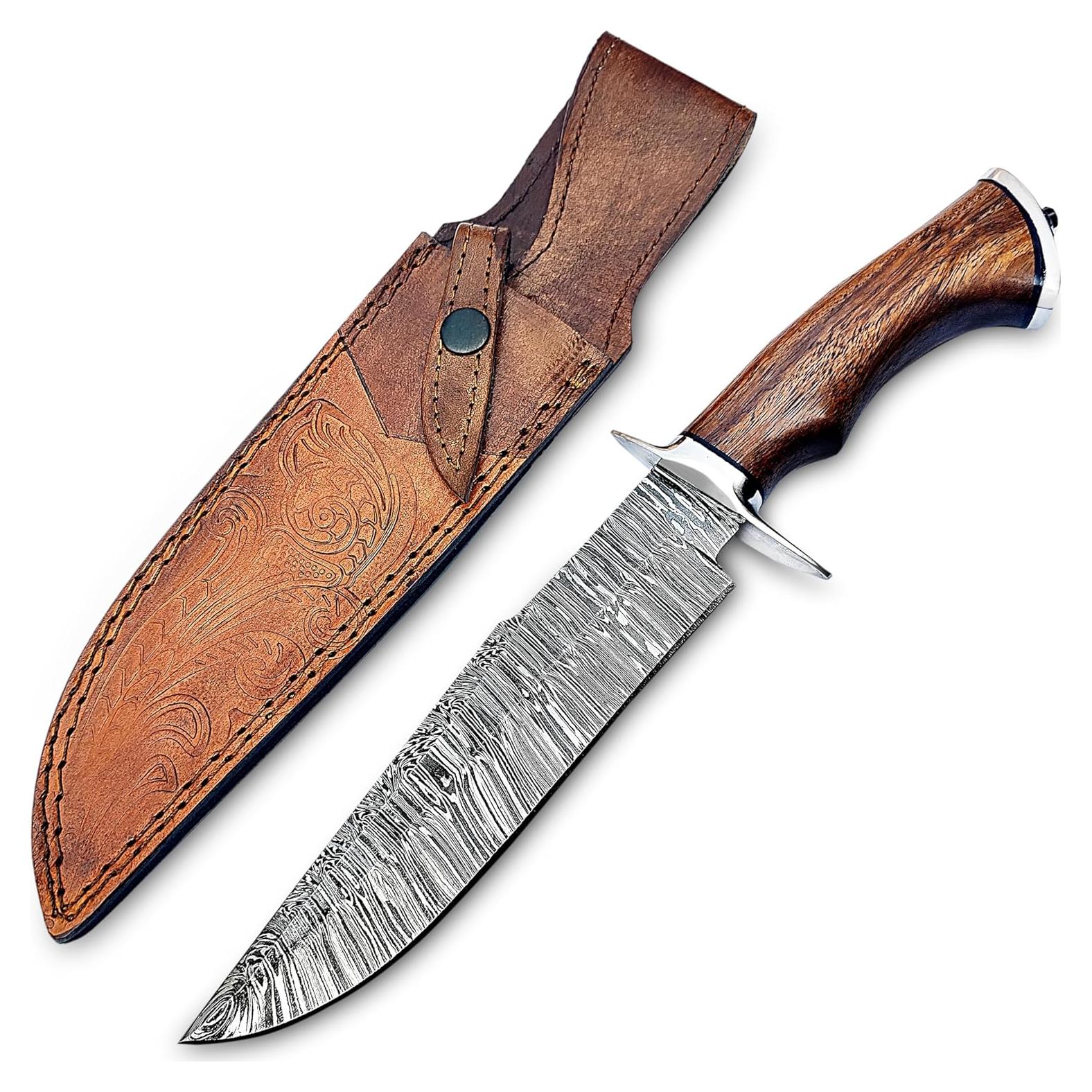 Handmade Damascus Bowie Knife 14″ Hunting Knife With Sheath - Fixed Blade Bushcraft Knife With Wood Handle - Ideal For Chopping, Camping Outdoor Use