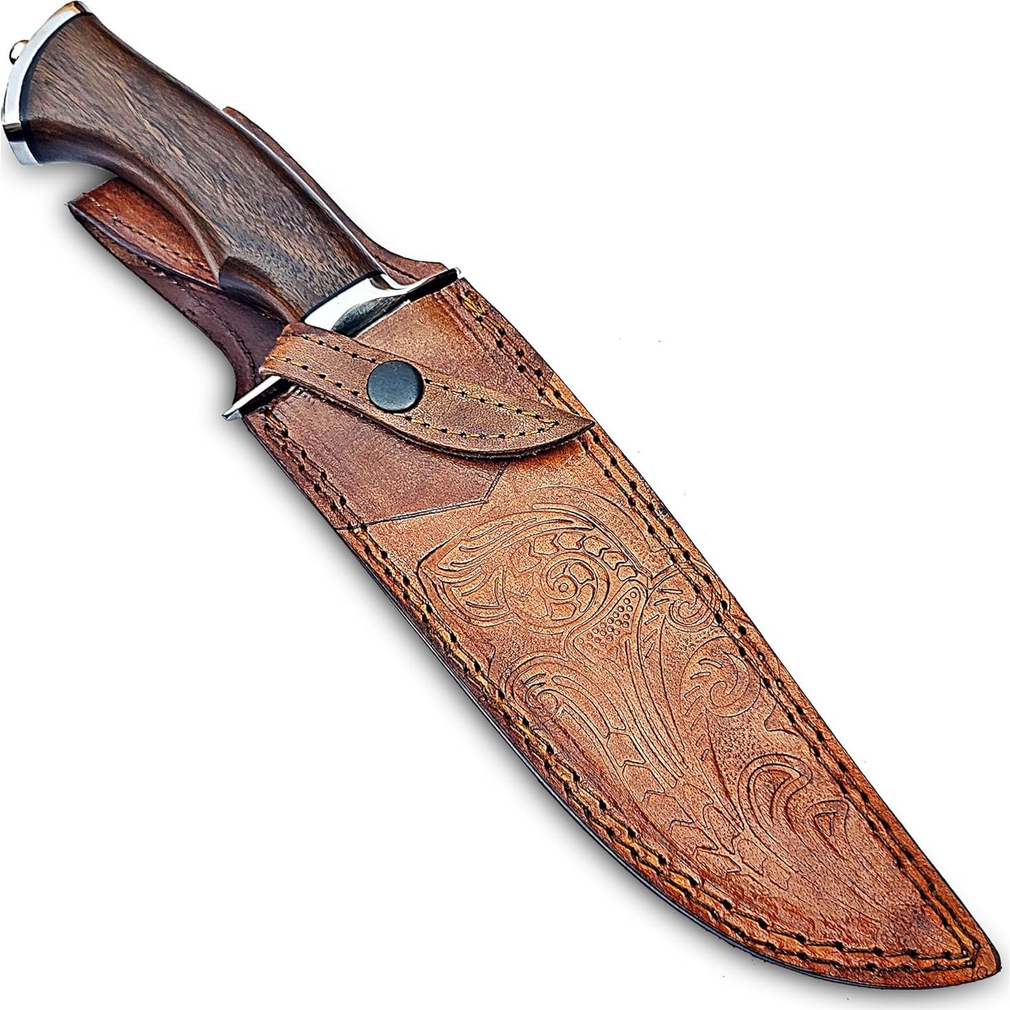 Handmade Damascus Bowie Knife 14″ Hunting Knife With Sheath - Fixed Blade Bushcraft Knife With Wood Handle - Ideal For Chopping, Camping Outdoor Use