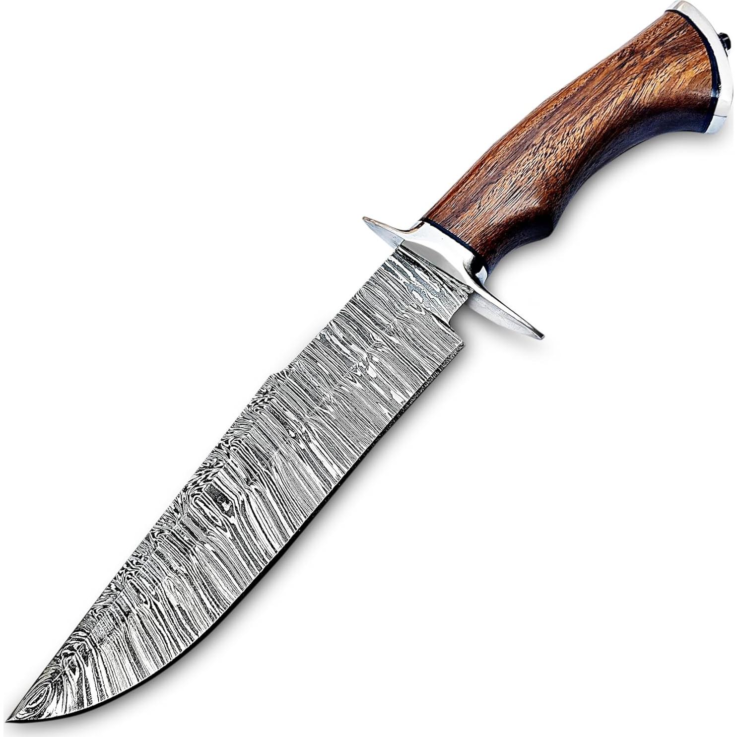 Handmade Damascus Bowie Knife 14″ Hunting Knife With Sheath - Fixed Blade Bushcraft Knife With Wood Handle - Ideal For Chopping, Camping Outdoor Use