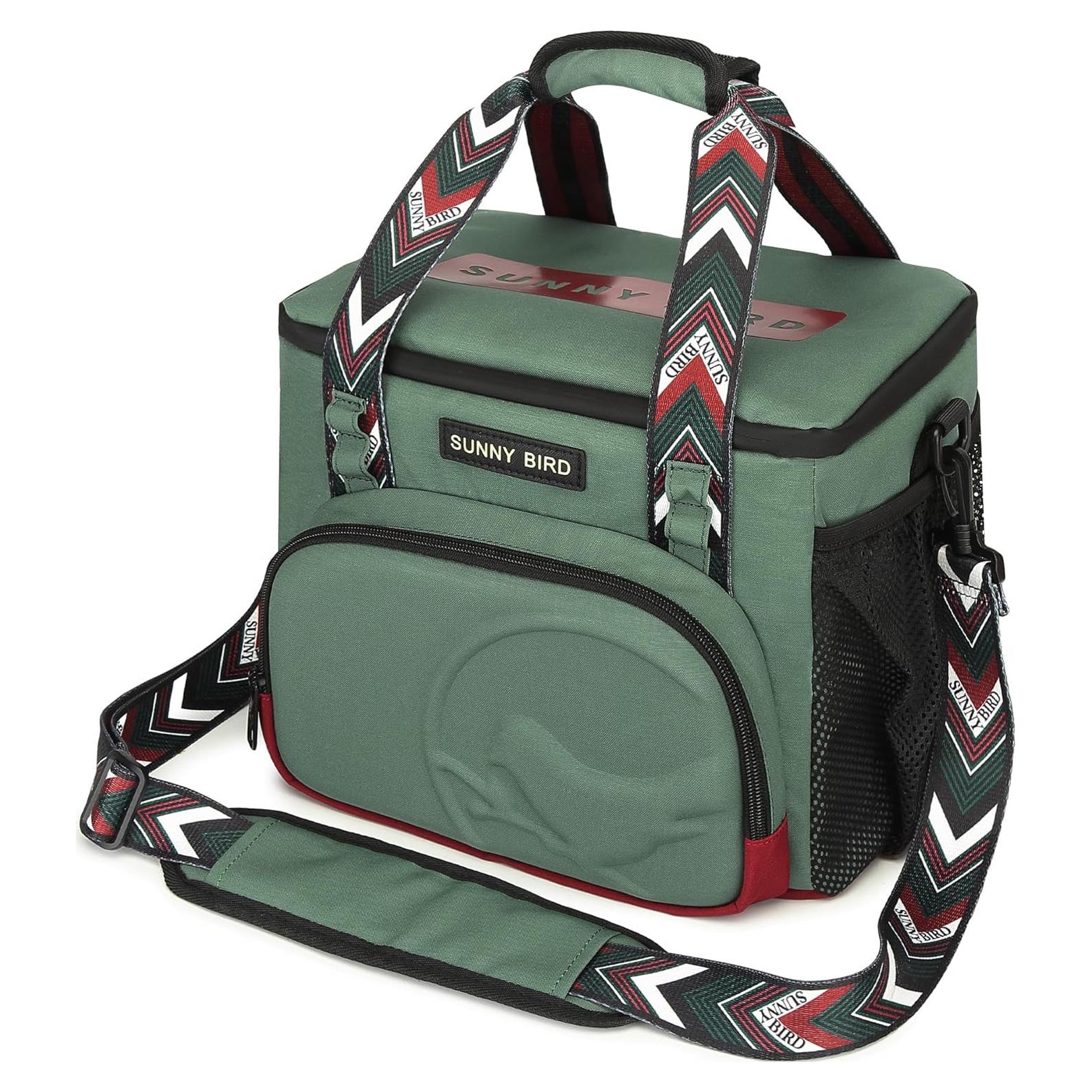SUNNY BIRD 12L Large Insulated Lunch Bag, Foldable Lunch Cooler Box for Women Adult and Men, Fits 18 Cans (Green with Boho Strap)