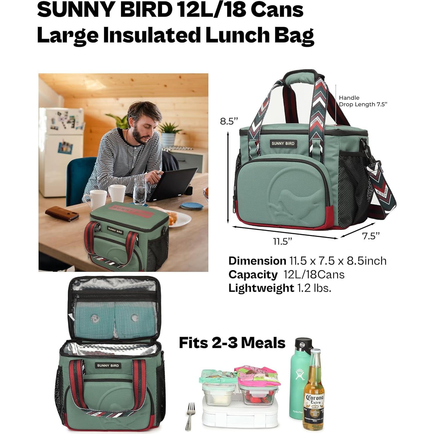 SUNNY BIRD 12L Large Insulated Lunch Bag, Foldable Lunch Cooler Box for Women Adult and Men, Fits 18 Cans (Green with Boho Strap)