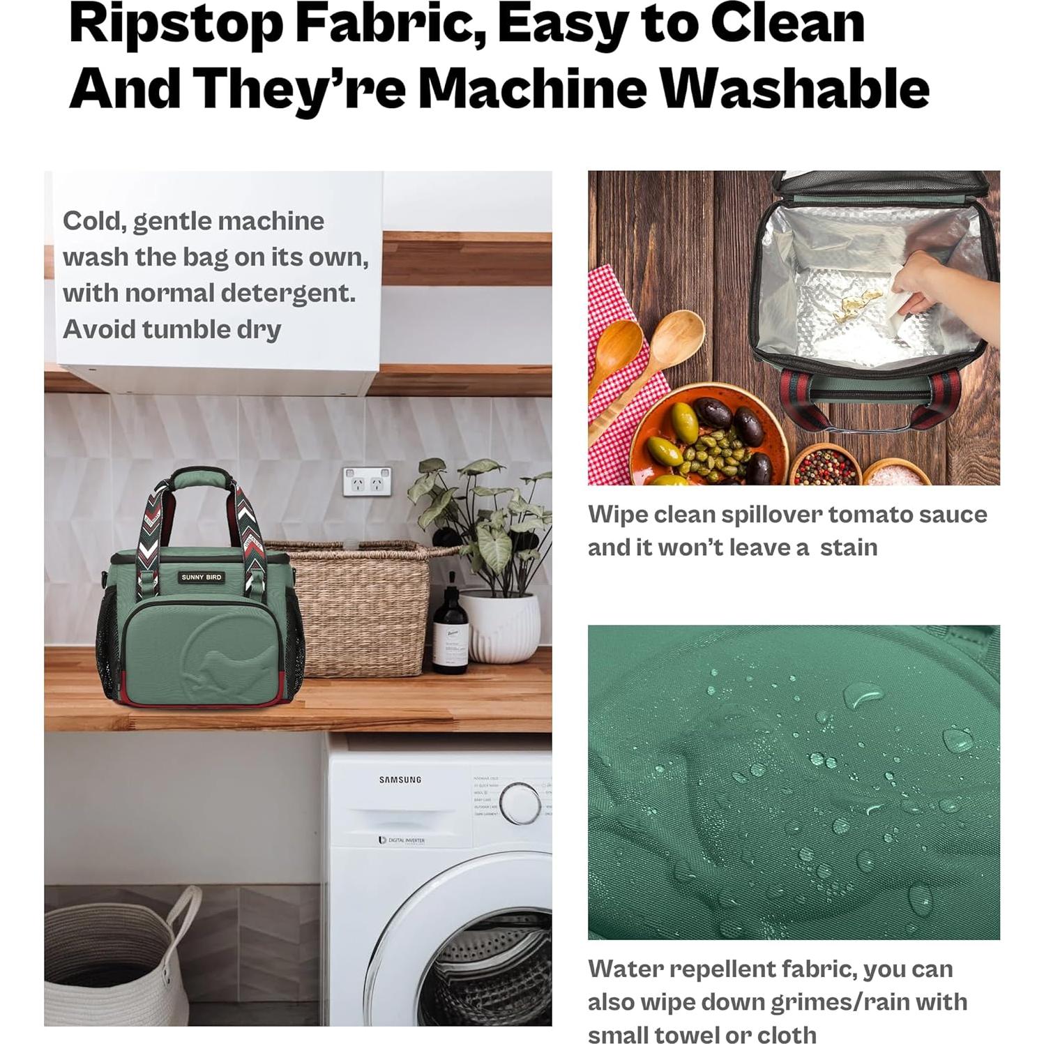 SUNNY BIRD 12L Large Insulated Lunch Bag, Foldable Lunch Cooler Box for Women Adult and Men, Fits 18 Cans (Green with Boho Strap)