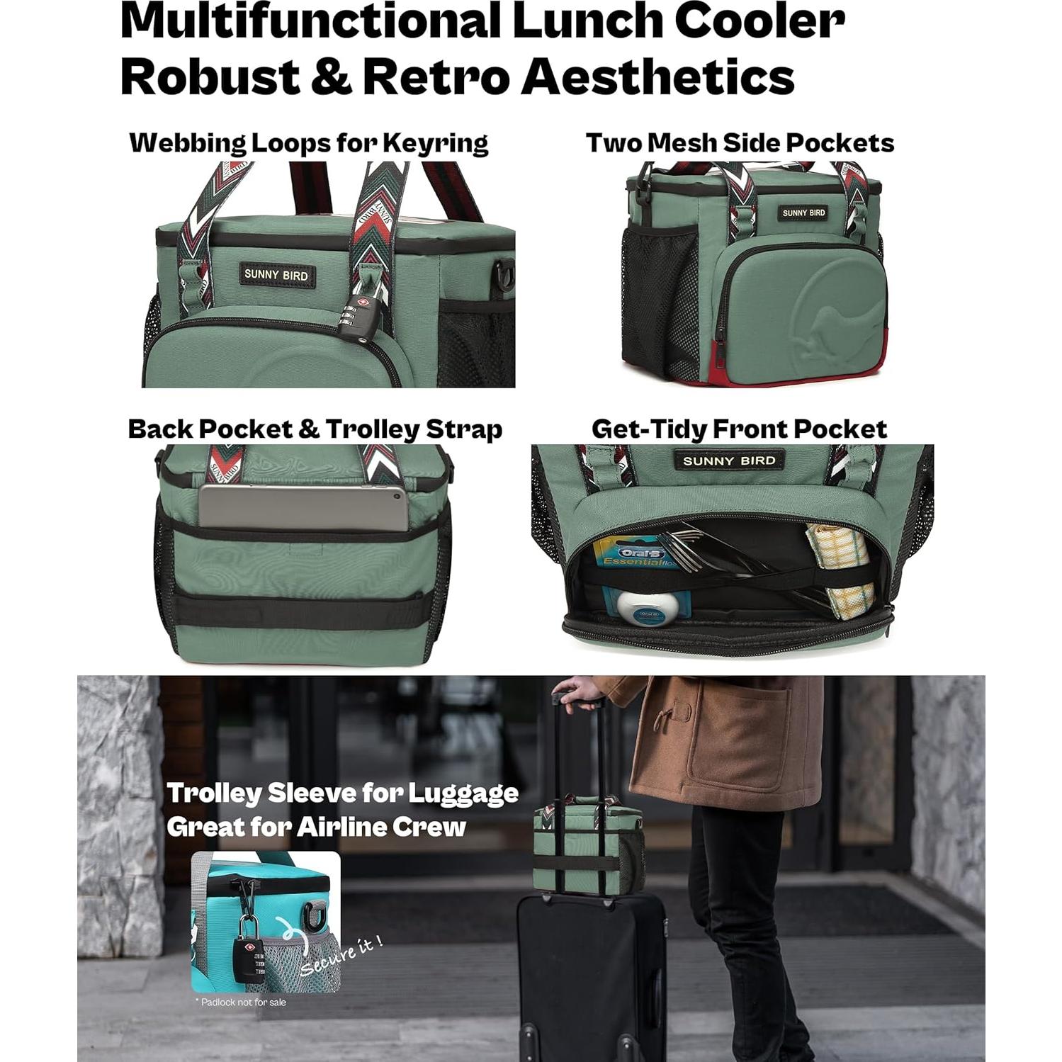 SUNNY BIRD 12L Large Insulated Lunch Bag, Foldable Lunch Cooler Box for Women Adult and Men, Fits 18 Cans (Green with Boho Strap)