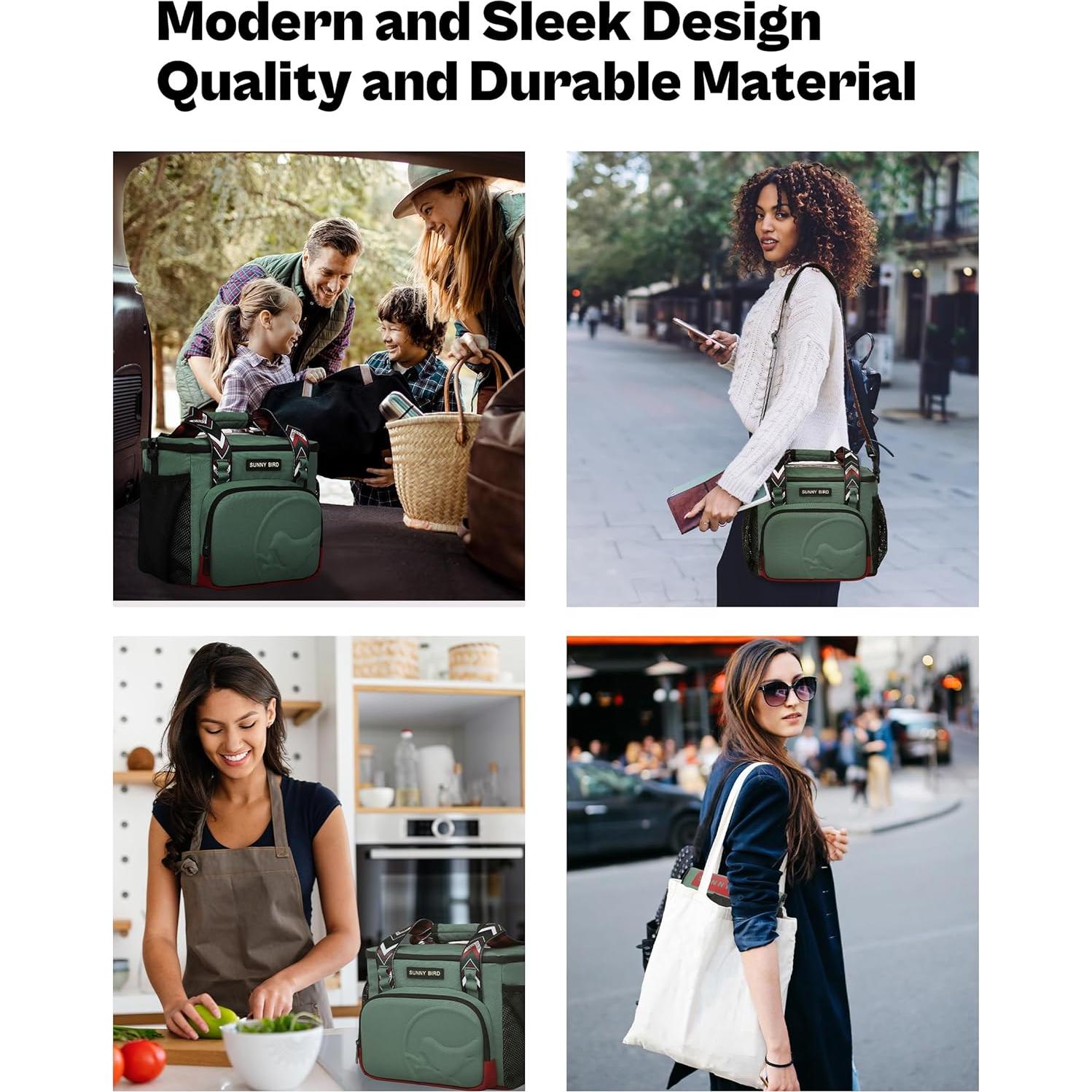 SUNNY BIRD 12L Large Insulated Lunch Bag, Foldable Lunch Cooler Box for Women Adult and Men, Fits 18 Cans (Green with Boho Strap)