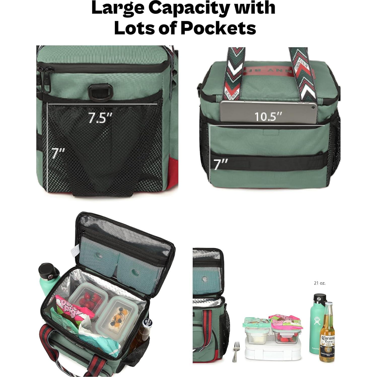 SUNNY BIRD 12L Large Insulated Lunch Bag, Foldable Lunch Cooler Box for Women Adult and Men, Fits 18 Cans (Green with Boho Strap)