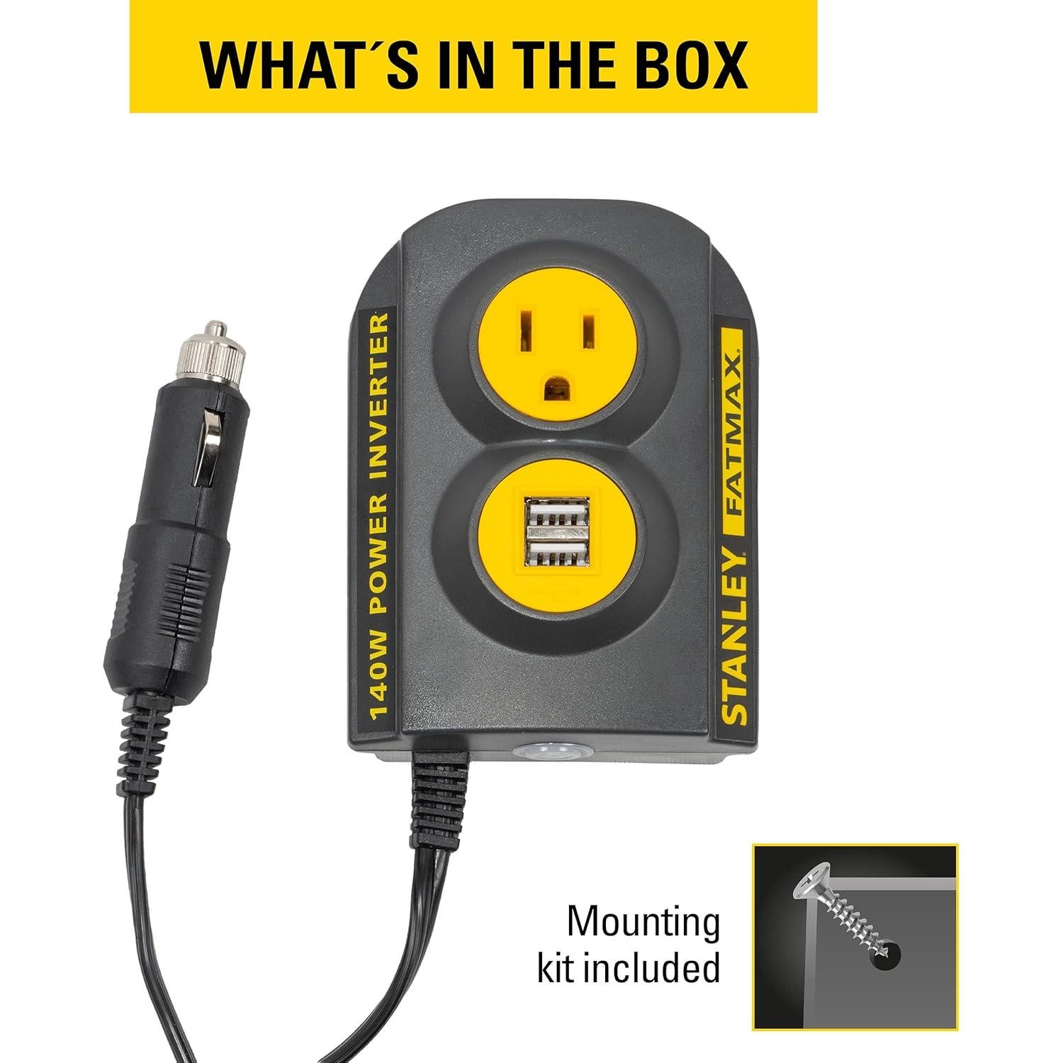 STANLEY FATMAX PCI140 140W Power Inverter: 12V DC to 120V AC Power Outlet with Dual USB Ports