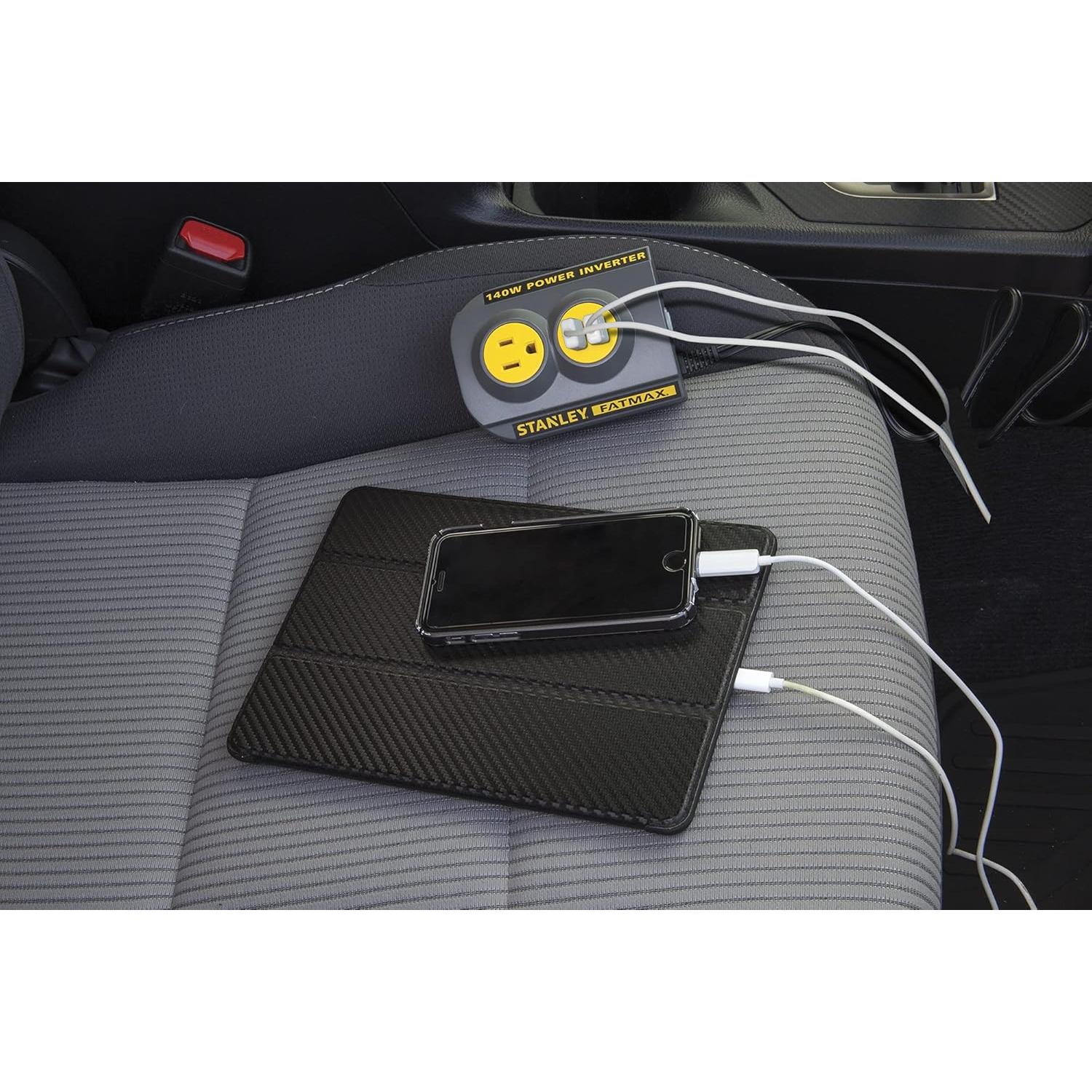 STANLEY FATMAX PCI140 140W Power Inverter: 12V DC to 120V AC Power Outlet with Dual USB Ports