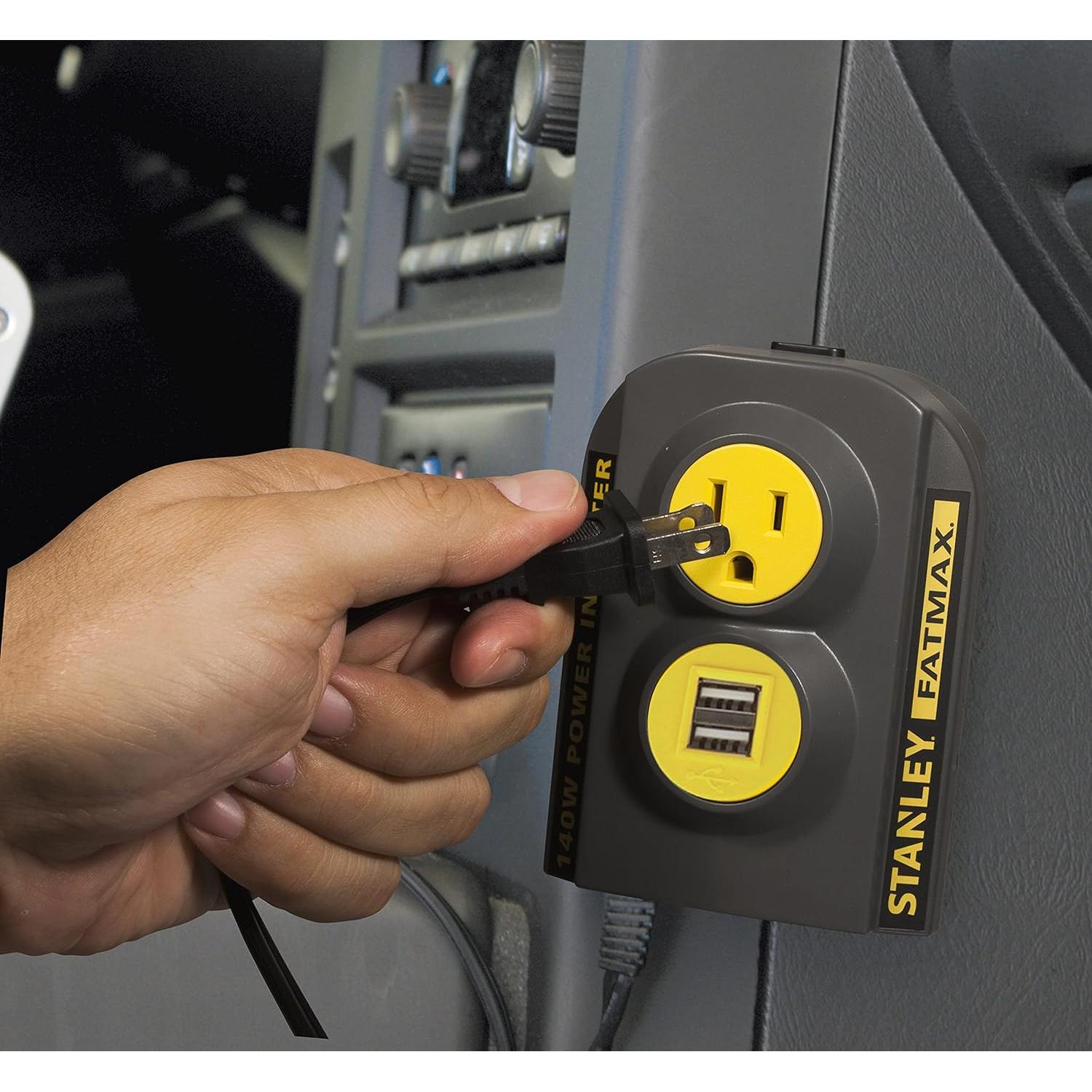 STANLEY FATMAX PCI140 140W Power Inverter: 12V DC to 120V AC Power Outlet with Dual USB Ports