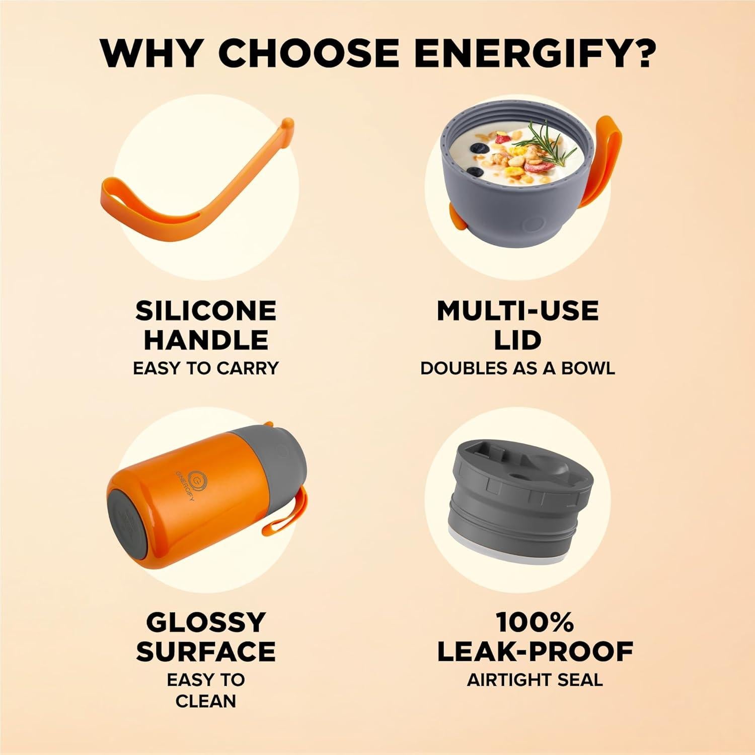 Tarro de Comida Aislado Energify 710ml Naranja a Prueba de Fugas