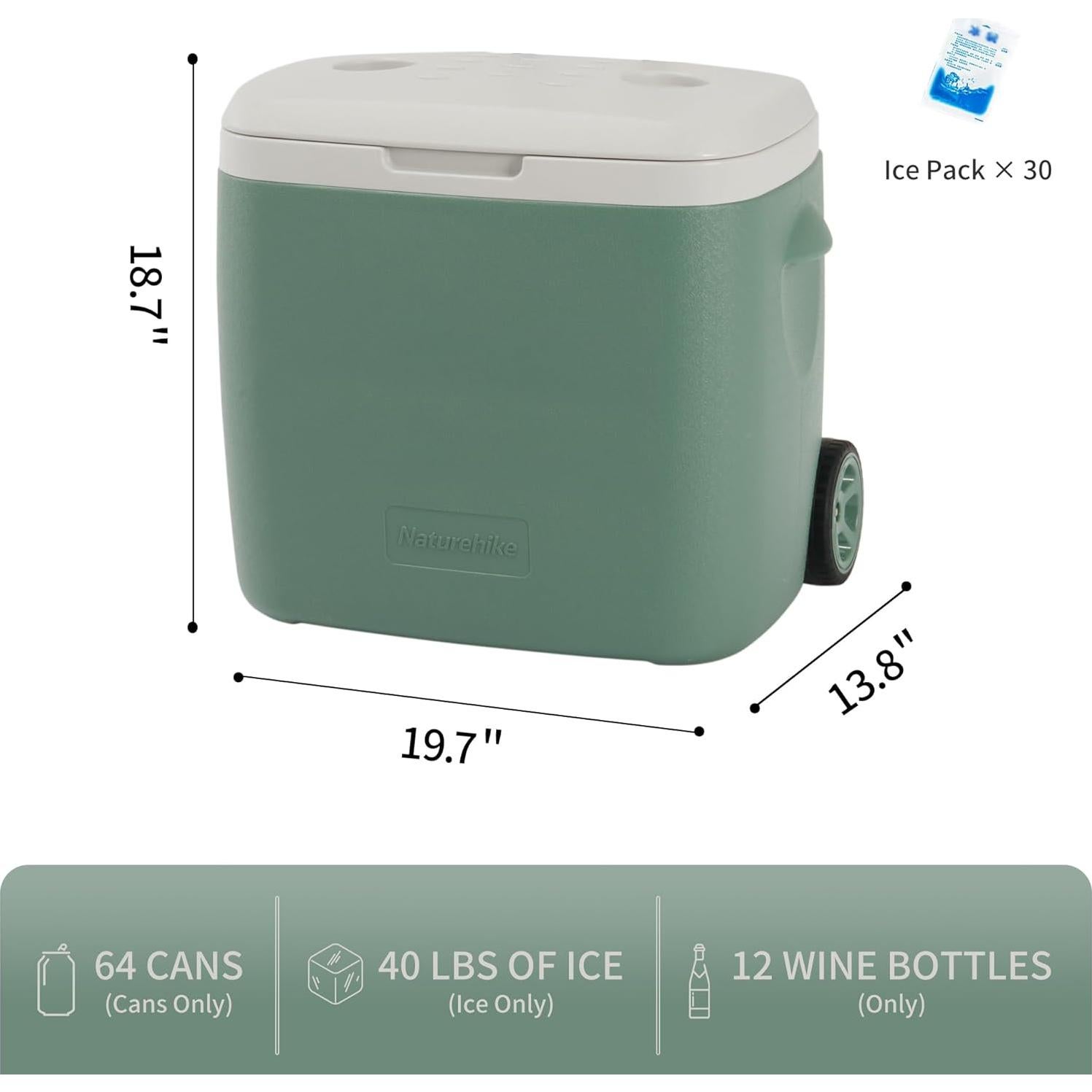 Naturehike 40QT Wheeled Hard Cooler, Insulated Food Safety Ice Chest Box with Telescoping Handle, Portable Ice Retention Cooler for Beach Camping Picnic Fishing Barbecue
