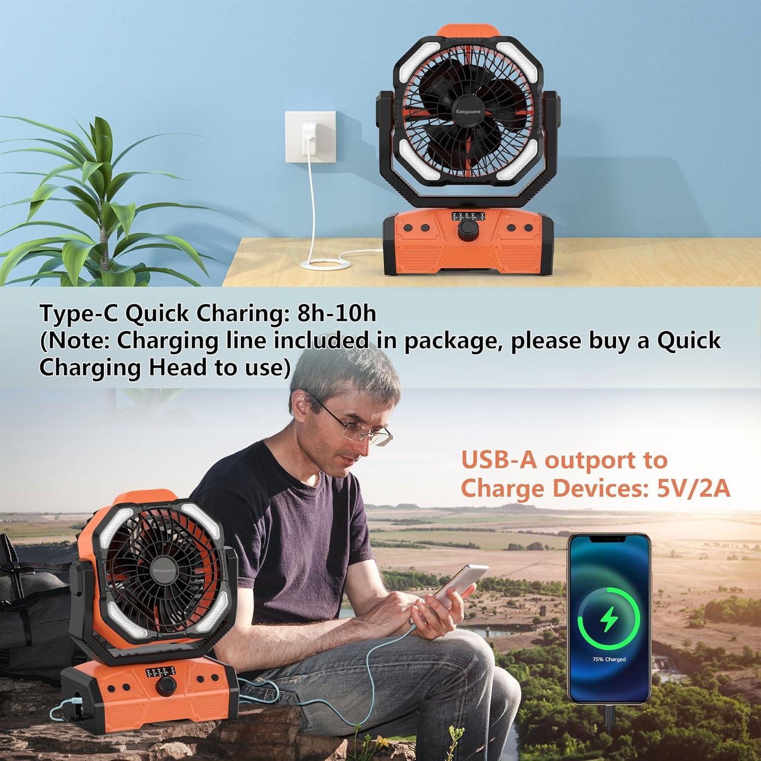 Ventilador de Camping Easywave Naranja con Linterna LED 30000mAh
