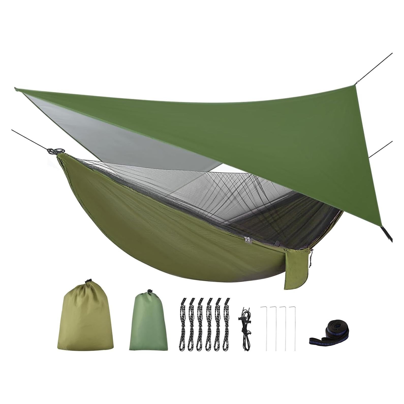 Camping Hammock with Rain Fly Tarp and Mosquito Net Tent Tree Straps, Portable Single Double Nylon Parachute Hammock Rainfly Set for Backpacking Hiking Travel Yard Outdoor Activities Green