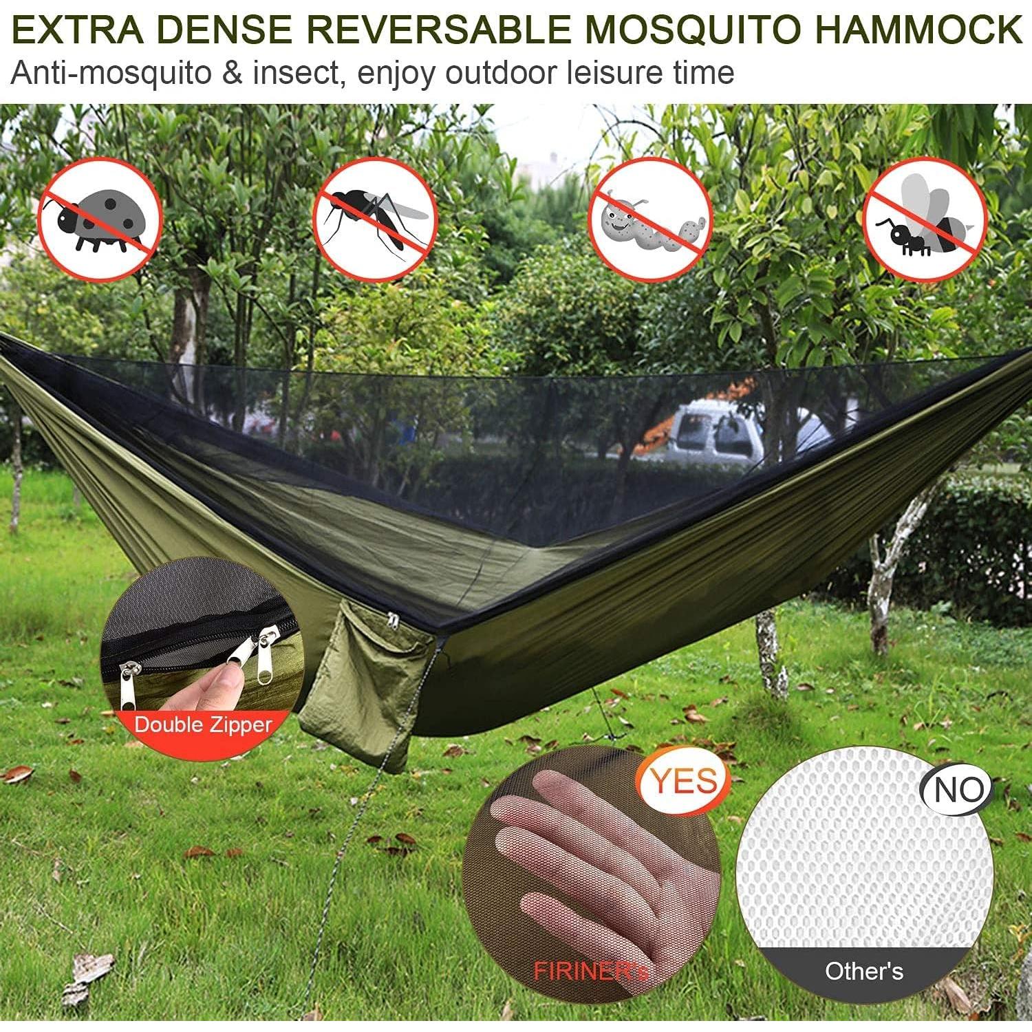 Camping Hammock with Rain Fly Tarp and Mosquito Net Tent Tree Straps, Portable Single Double Nylon Parachute Hammock Rainfly Set for Backpacking Hiking Travel Yard Outdoor Activities Green
