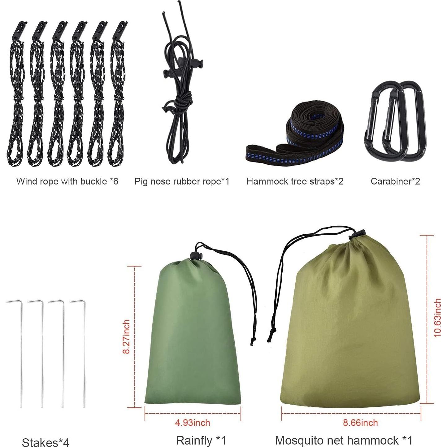 Camping Hammock with Rain Fly Tarp and Mosquito Net Tent Tree Straps, Portable Single Double Nylon Parachute Hammock Rainfly Set for Backpacking Hiking Travel Yard Outdoor Activities Green