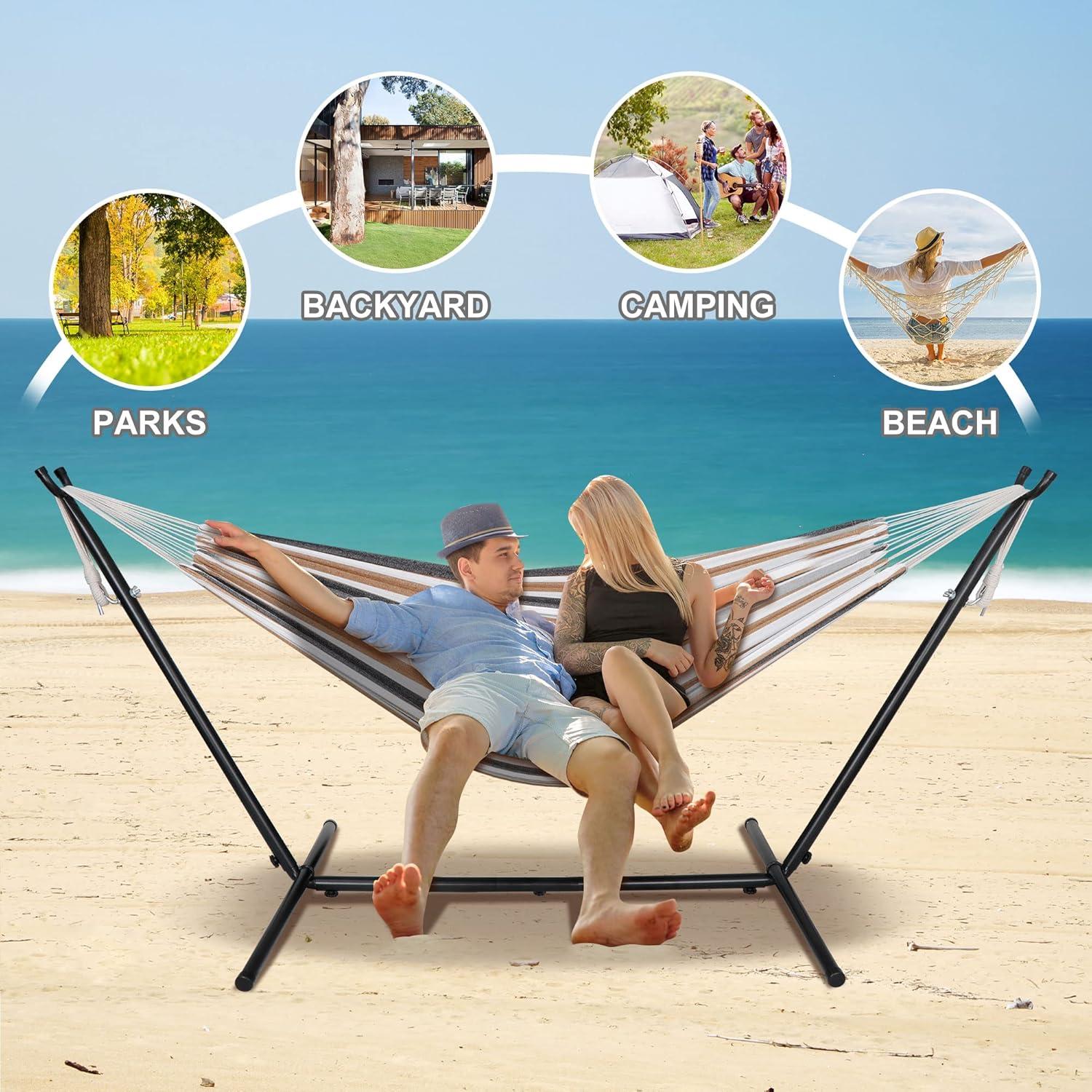 SUPER DEAL Portable 2 Person Hammock with 9FT Hammock Stand, 620 LBS Capacity Adjustable Hammock Bed with Space Saving Carrying Case Included for Camping Garden Backyard Patio Indoor Outdoor