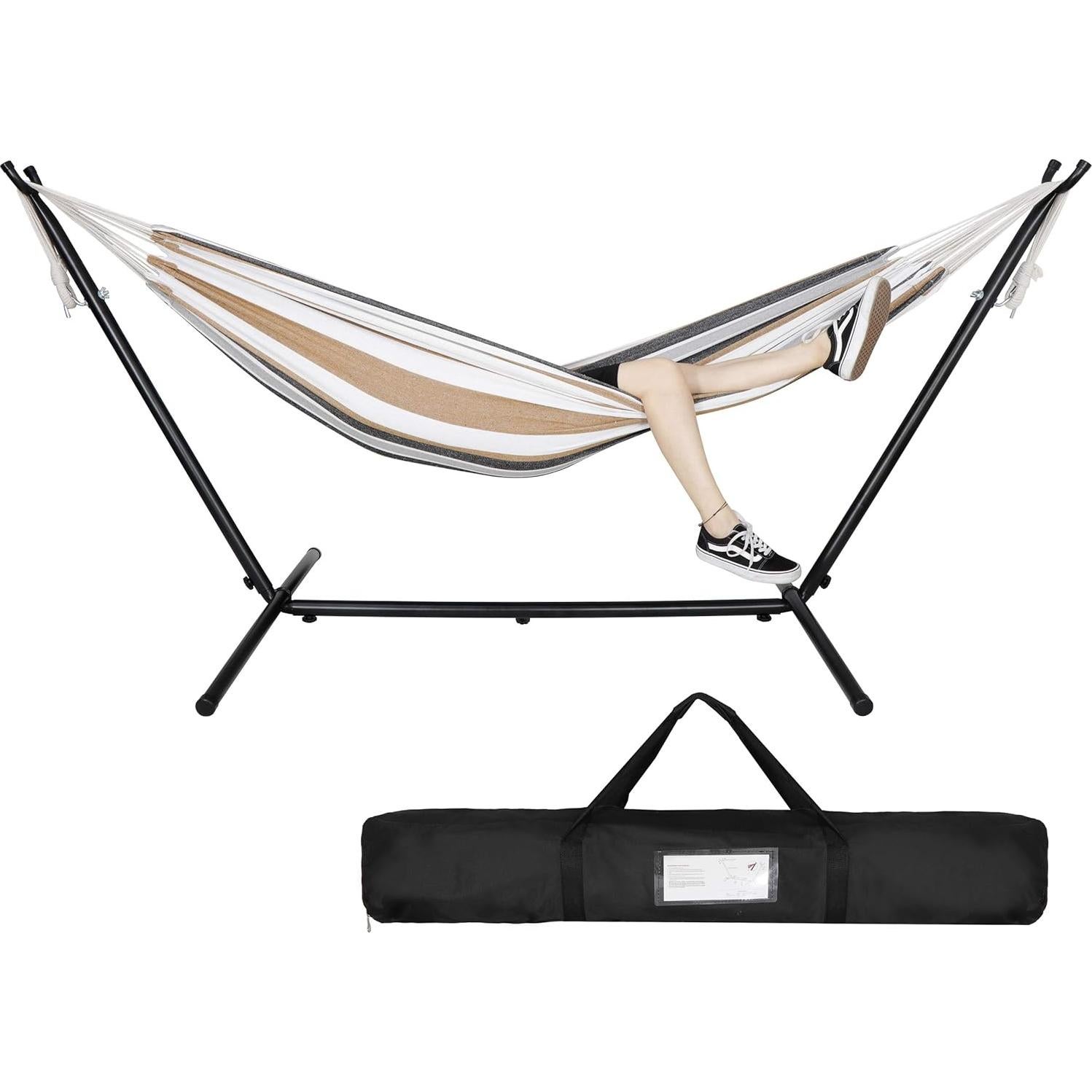 SUPER DEAL Portable 2 Person Hammock with 9FT Hammock Stand, 620 LBS Capacity Adjustable Hammock Bed with Space Saving Carrying Case Included for Camping Garden Backyard Patio Indoor Outdoor