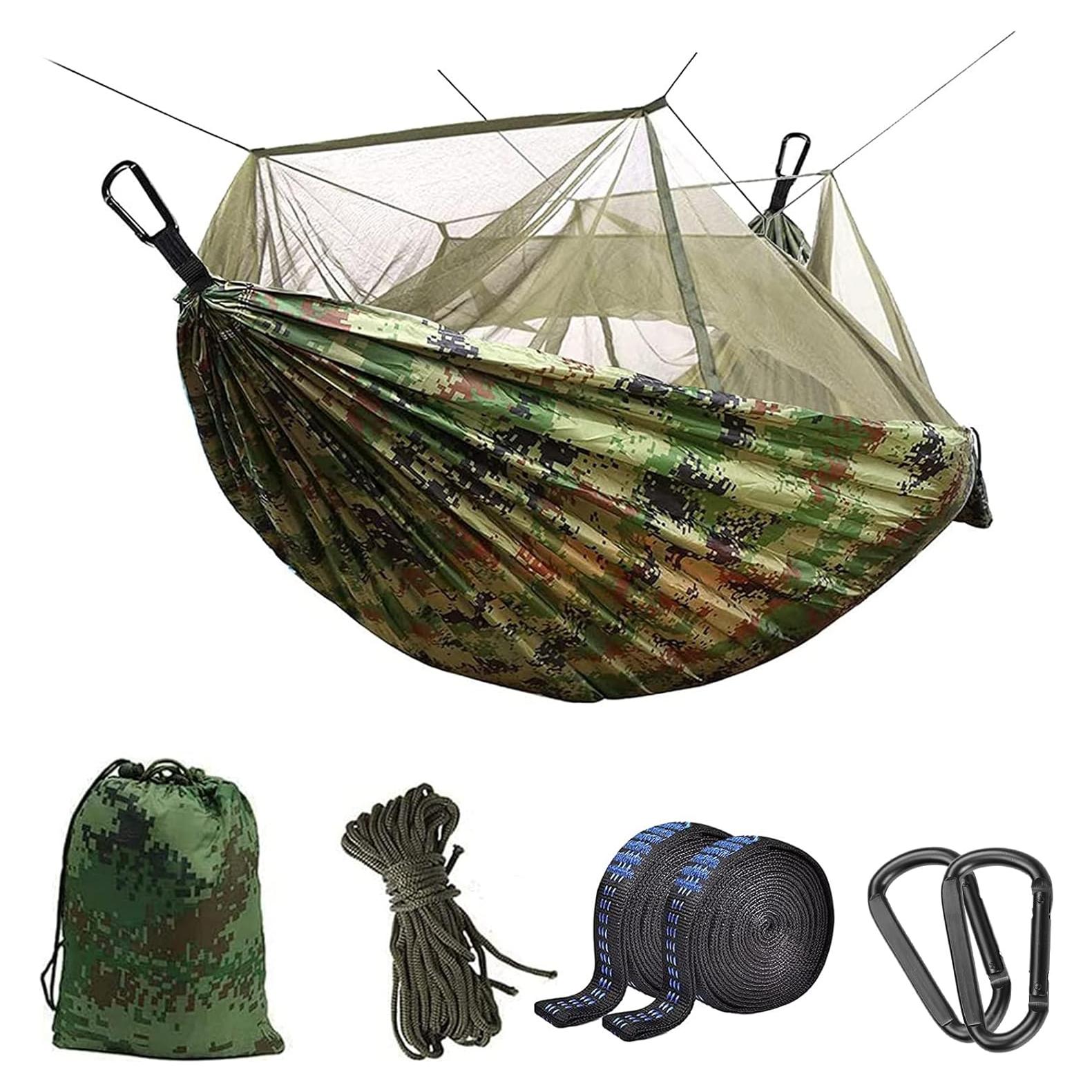 Camping Hammock with Mosquito Net - Ultra Lightweight Durable Double/Single Travel Hammock 210T Parachute Nylon with Tree Straps 660lbs Capacity for Garden Camping Backpacking, Camo