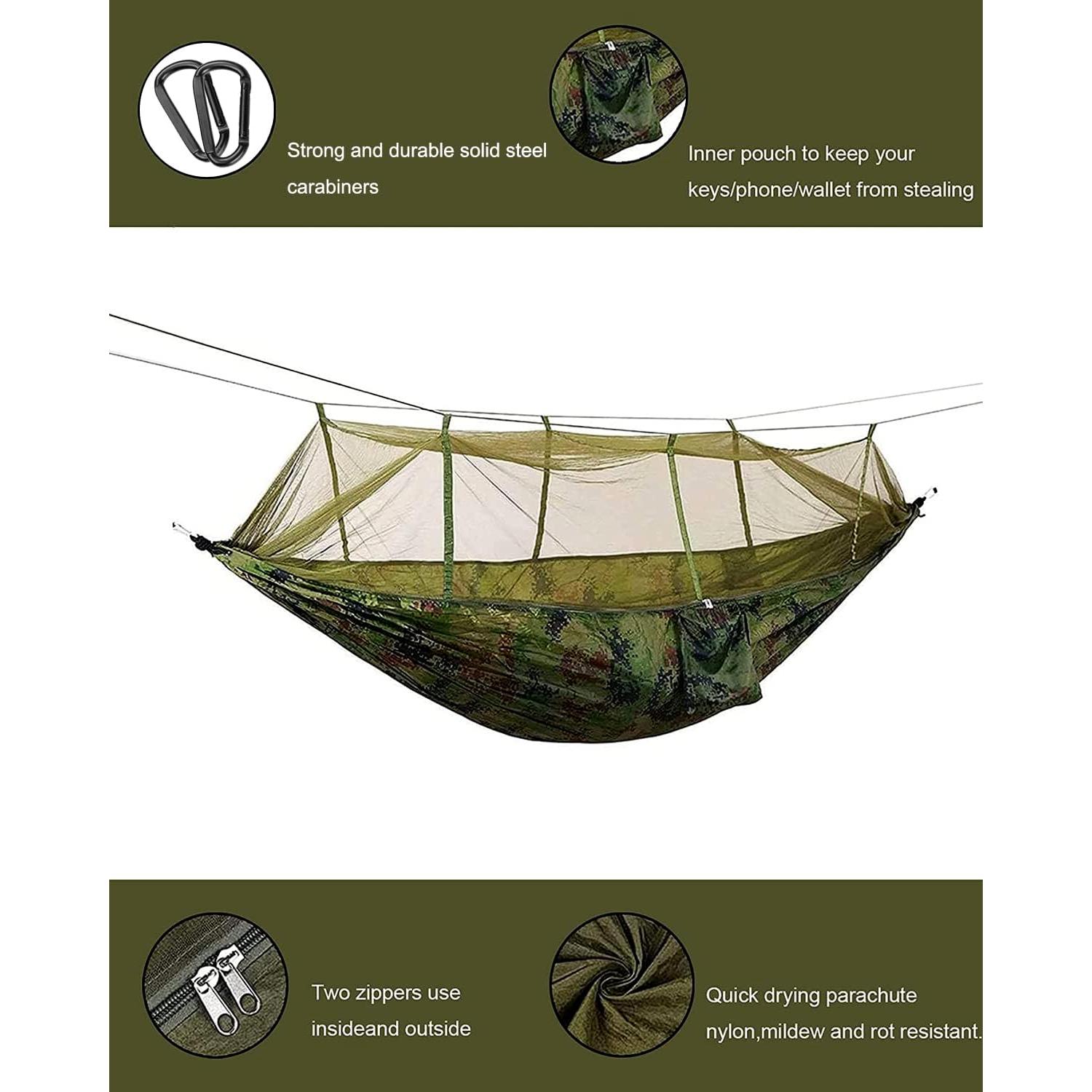 Camping Hammock with Mosquito Net - Ultra Lightweight Durable Double/Single Travel Hammock 210T Parachute Nylon with Tree Straps 660lbs Capacity for Garden Camping Backpacking, Camo