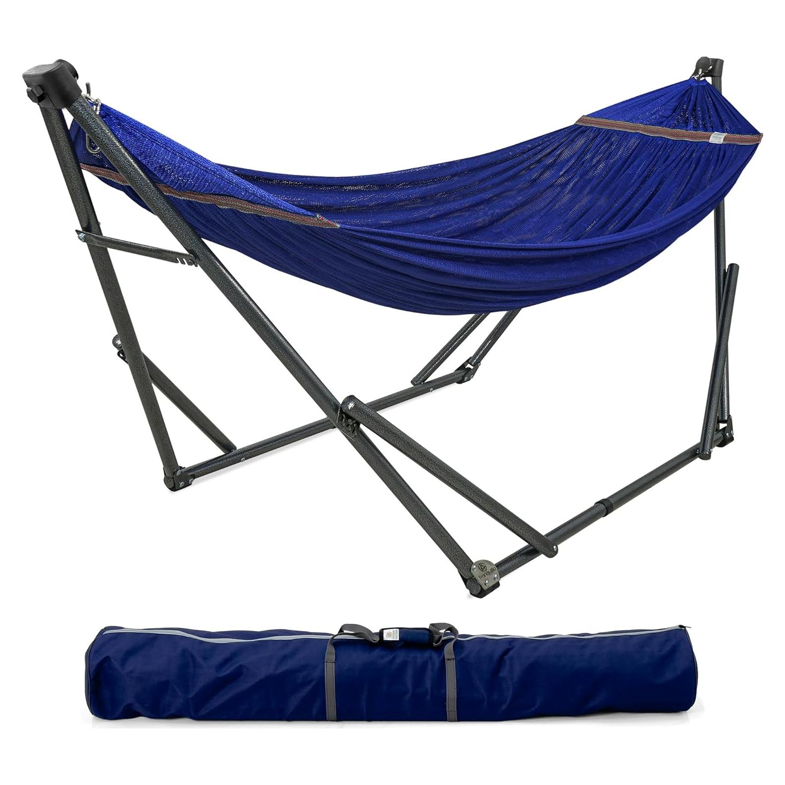 Tranquillo Camping Hammock and Stand, Collapsible Camping Hammock and Stand, 600 lbs Capacity Foldable Hammock for 2 Persons, Premium Noiseless No Screws Heavy Duty Multifunctional Stand, Blue