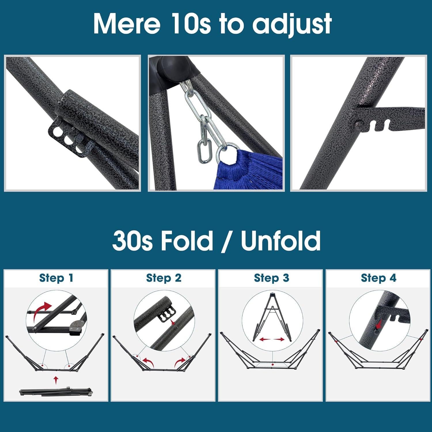 Tranquillo Camping Hammock and Stand, Collapsible Camping Hammock and Stand, 600 lbs Capacity Foldable Hammock for 2 Persons, Premium Noiseless No Screws Heavy Duty Multifunctional Stand, Blue