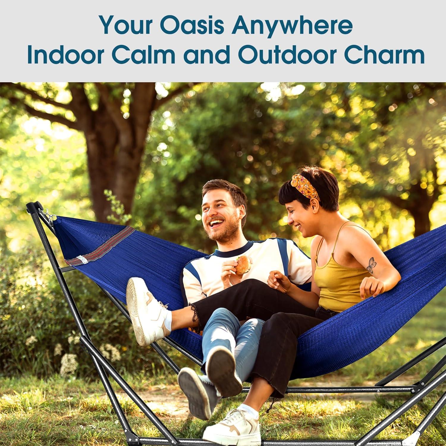 Tranquillo Camping Hammock and Stand, Collapsible Camping Hammock and Stand, 600 lbs Capacity Foldable Hammock for 2 Persons, Premium Noiseless No Screws Heavy Duty Multifunctional Stand, Blue