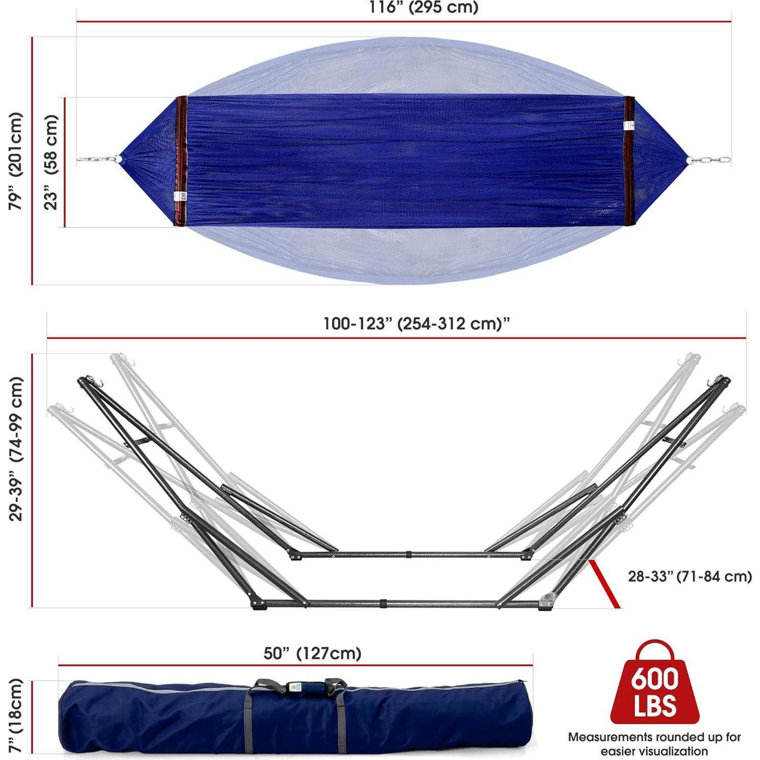 Tranquillo Camping Hammock and Stand, Collapsible Camping Hammock and Stand, 600 lbs Capacity Foldable Hammock for 2 Persons, Premium Noiseless No Screws Heavy Duty Multifunctional Stand, Blue
