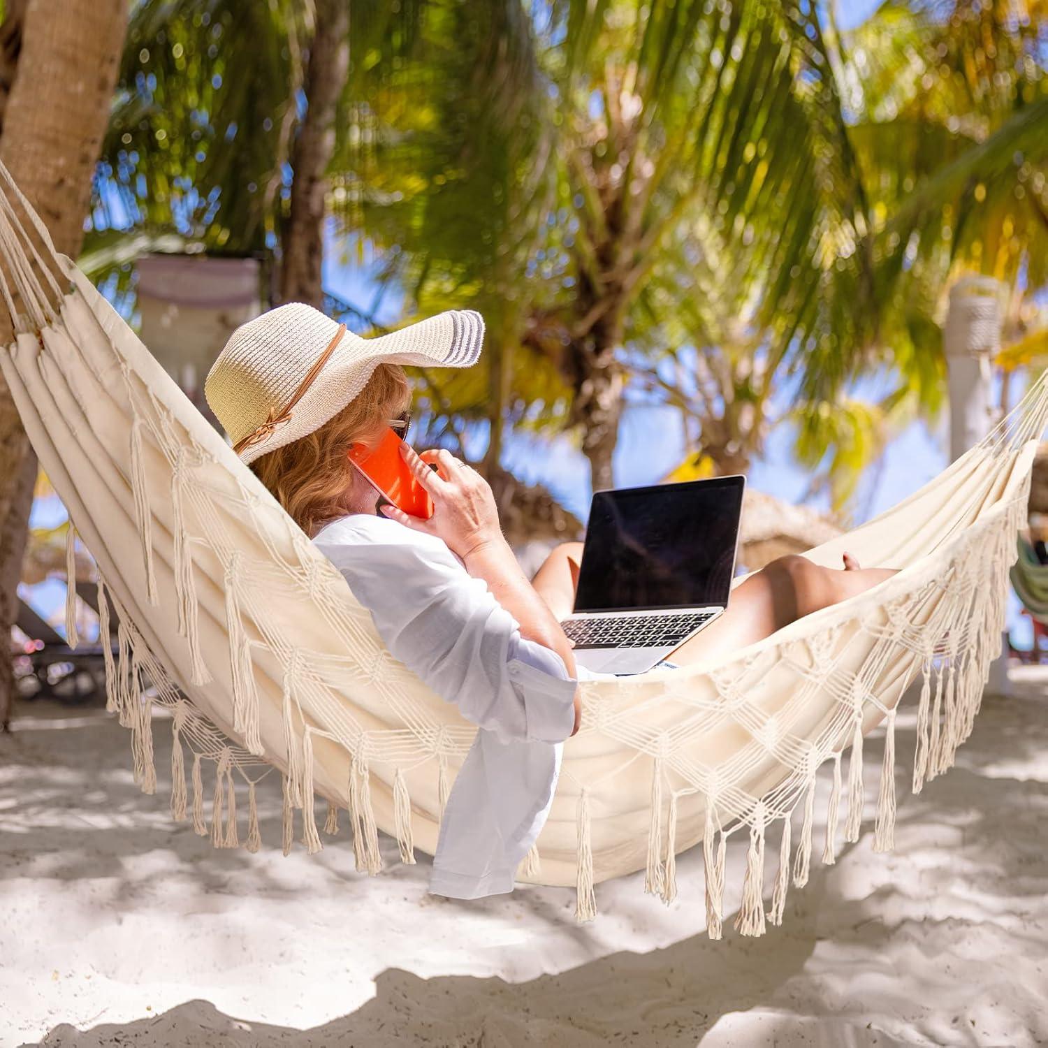 Hamaca Doble Bellzacasa Beige 250 kg con Borlas y Correas