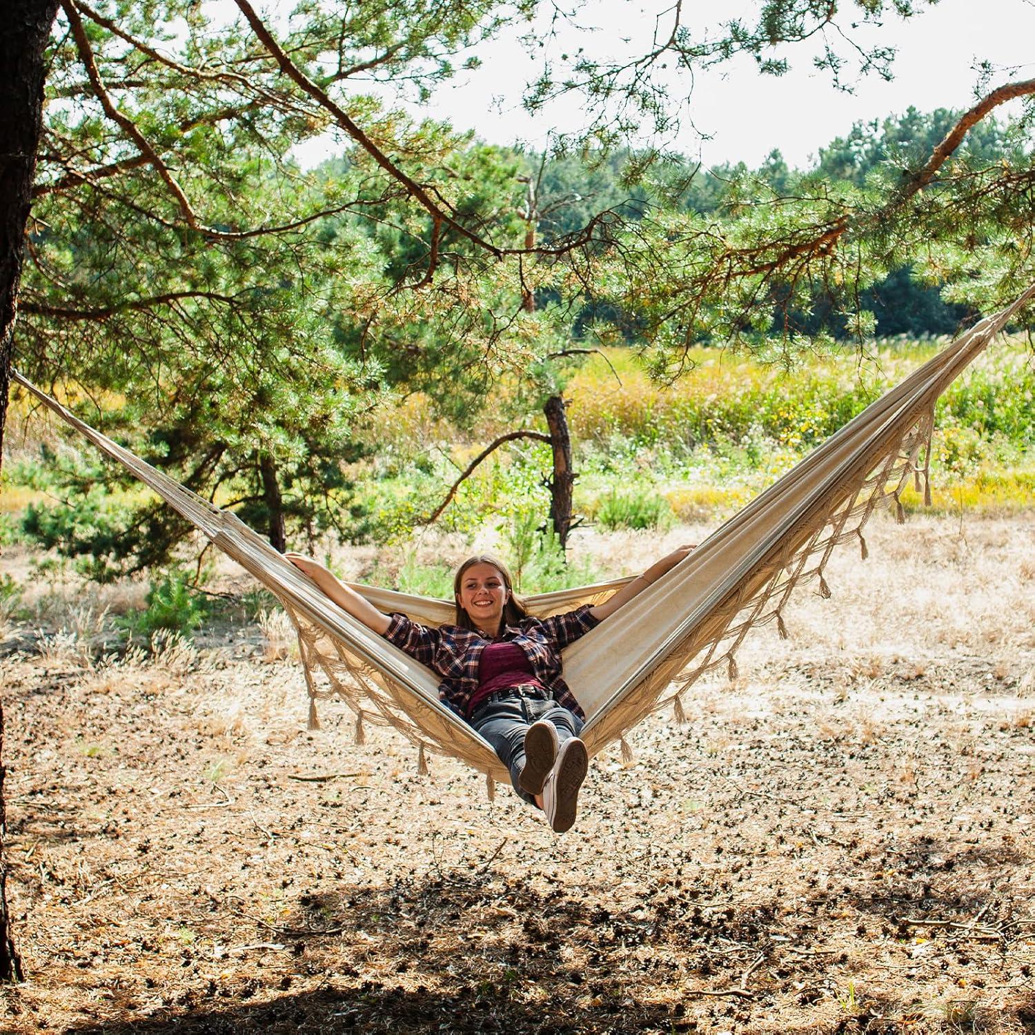 Hamaca Doble Bellzacasa Beige 250 kg con Borlas y Correas