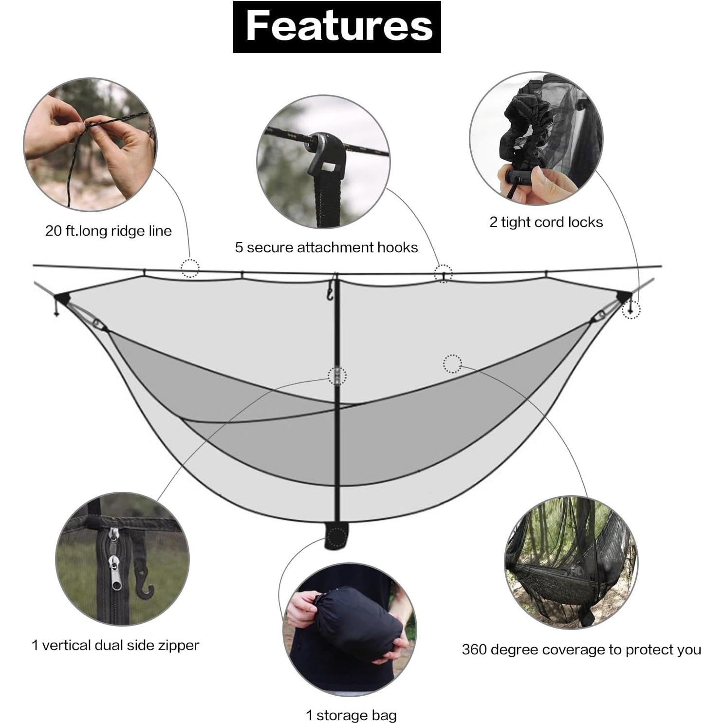11ft X 4.5ft Hammock Bug Net, Mosquito Net for Hammocks, Mesh Hammock Netting Fits All Camping Hammocks (Black)