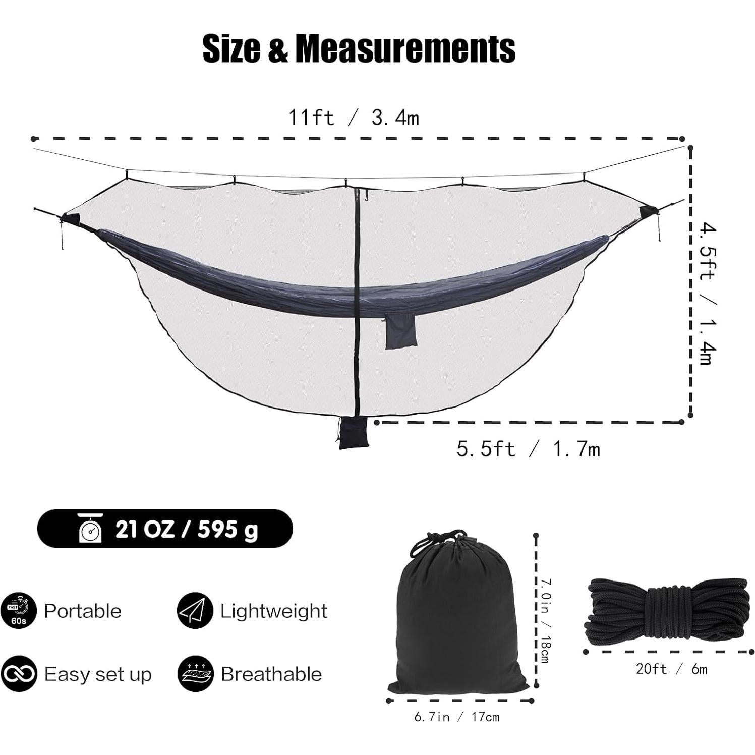 11ft X 4.5ft Hammock Bug Net, Mosquito Net for Hammocks, Mesh Hammock Netting Fits All Camping Hammocks (Black)