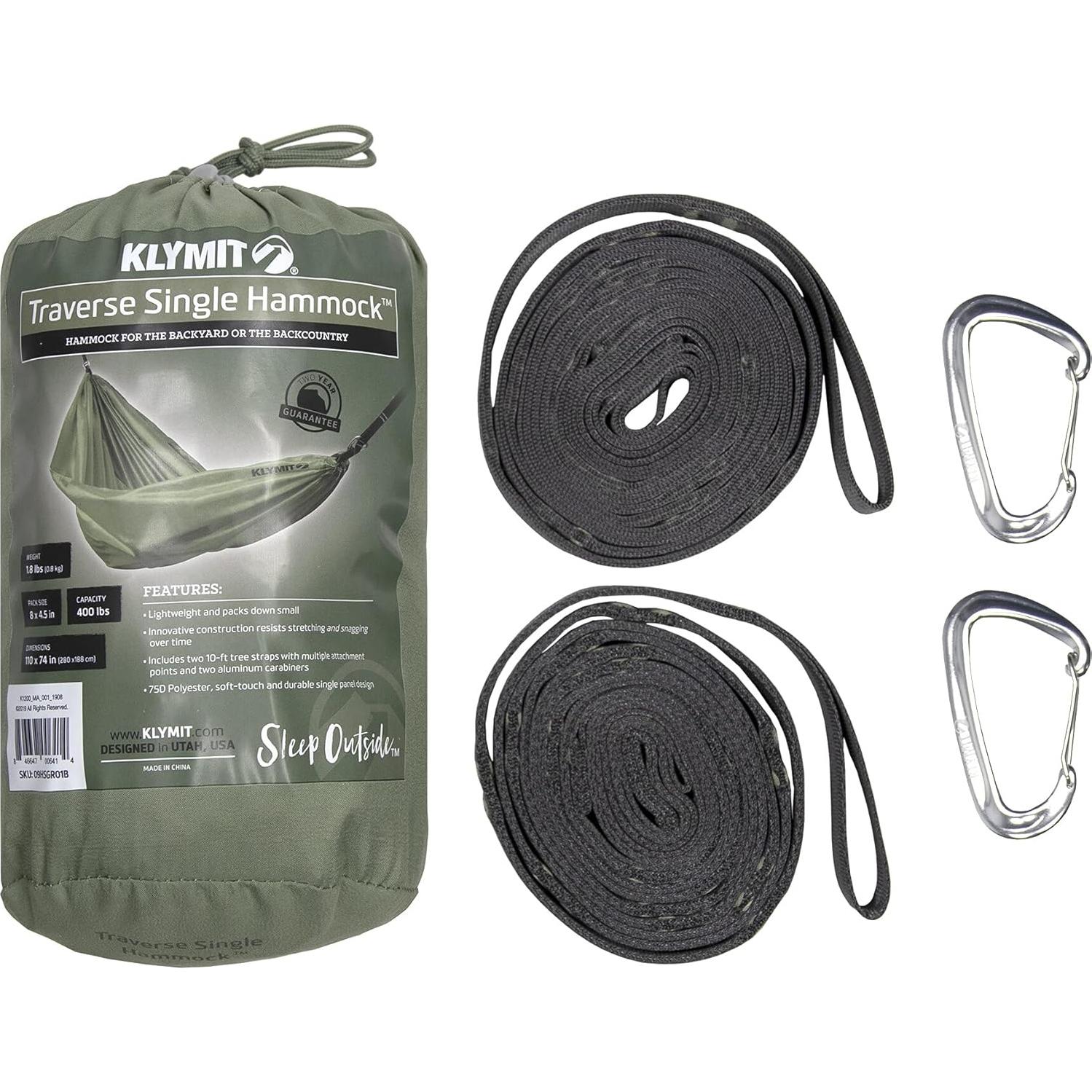 Klymit Single Traverse Hammock, Portable Hammock for Camping, Green