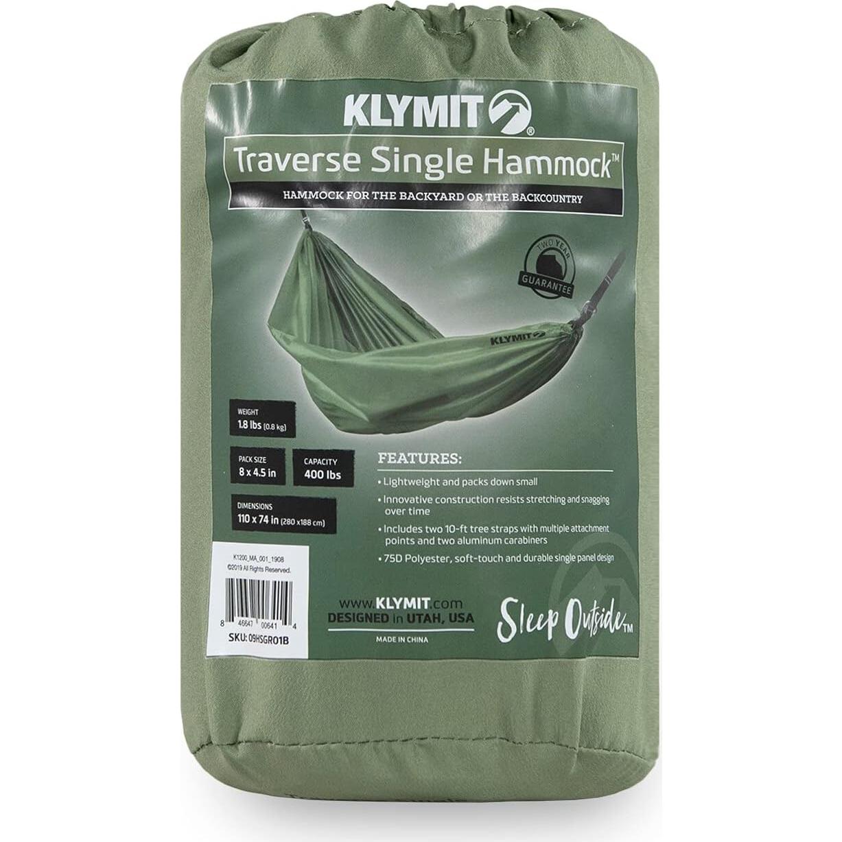 Klymit Single Traverse Hammock, Portable Hammock for Camping, Green
