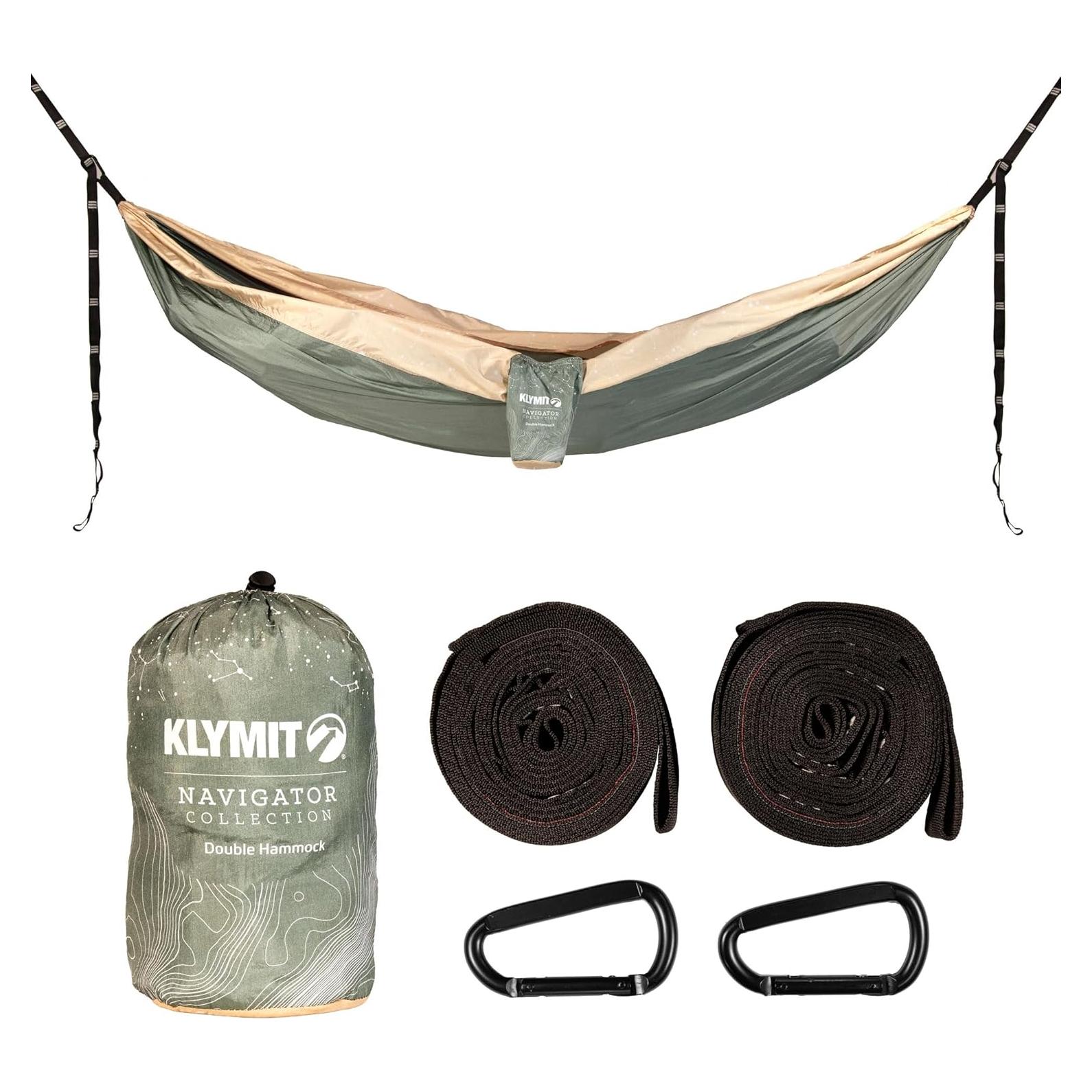 Klymit Double Wide Camping Hammock 400 lb. Capacity with Heavy Duty Straps and Caribiners - Navigator Series - Green