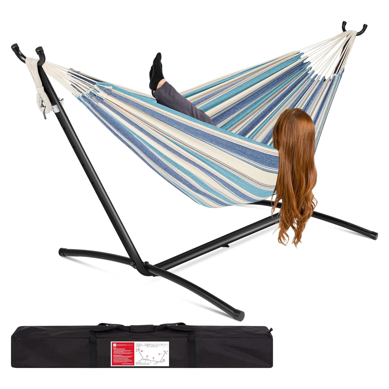 Best Choice Products Double Hammock with Steel Stand, Indoor Outdoor Brazilian-Style Cotton Bed w/Carrying Bag, 2-Person Capacity - Ocean