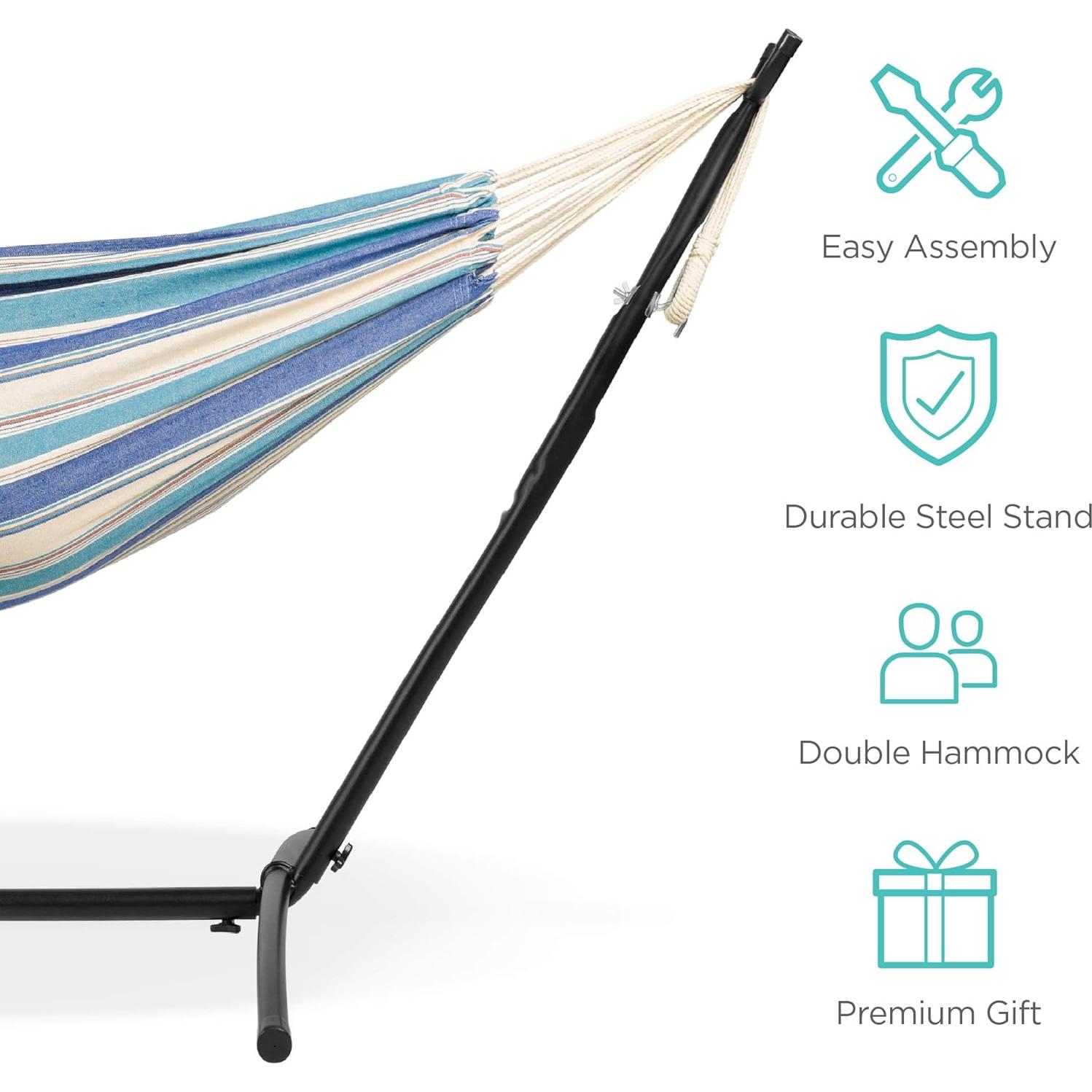 Best Choice Products Double Hammock with Steel Stand, Indoor Outdoor Brazilian-Style Cotton Bed w/Carrying Bag, 2-Person Capacity - Ocean