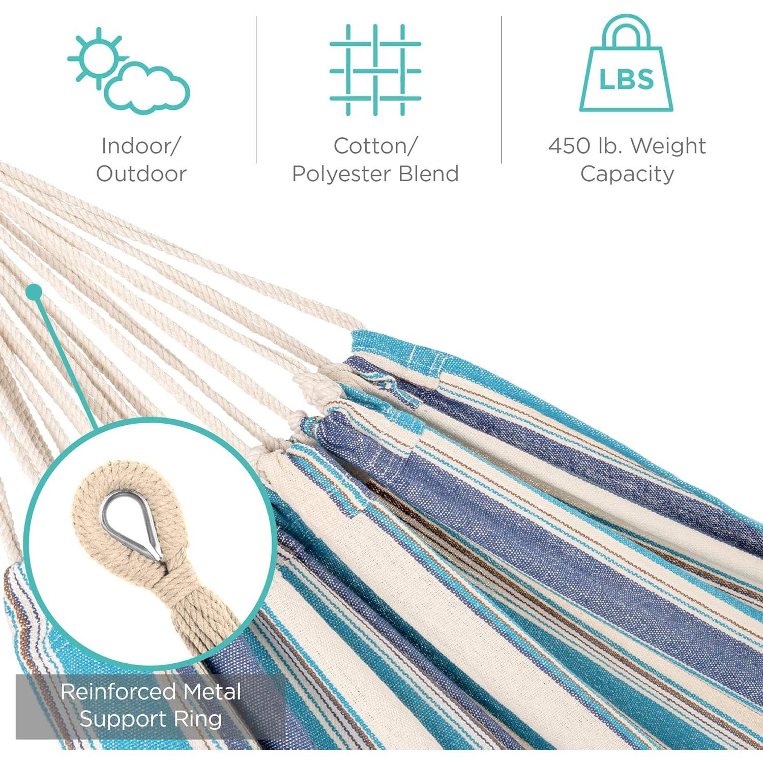 Best Choice Products Double Hammock with Steel Stand, Indoor Outdoor Brazilian-Style Cotton Bed w/Carrying Bag, 2-Person Capacity - Ocean