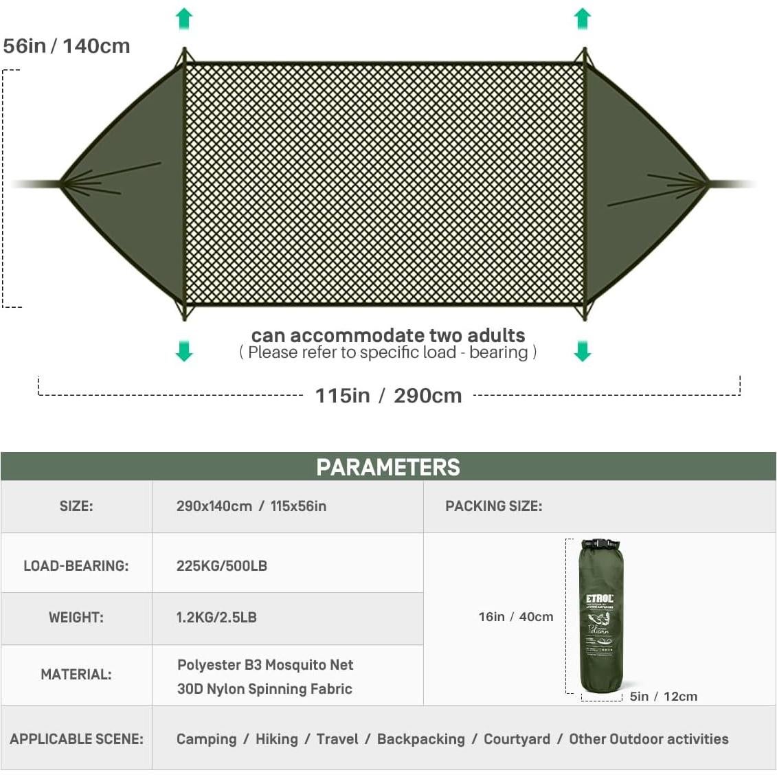 Hamaca de Camping ETROL con Red para Mosquitos 292x142cm