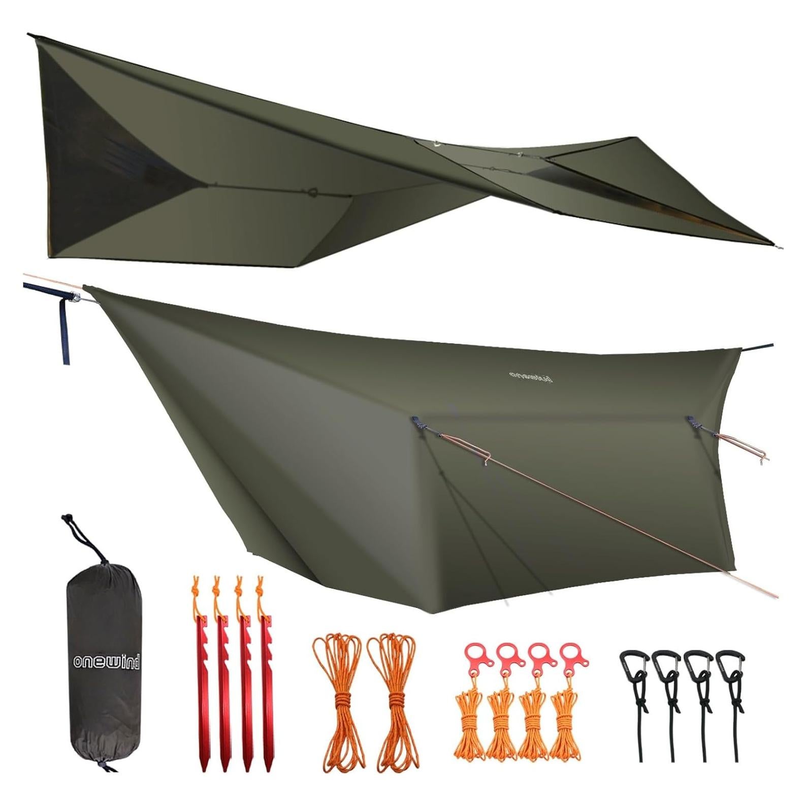 onewind 12×10 ft Hammock Tarp, Ultralight Tarp Silnylon Hammock Rain Fly Lightweight Waterproof Camping Tent Tarp with Doors, Easy to Setup with Stuff Sack, Tent Stakes, OD Green