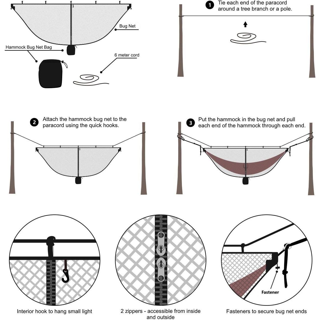 TOBWOLF Camping Hammock Net, Lightweight Outdoor Mosquito Net, 360 Degree Protection Polyester Netting with Dual Sided Zipper & Rope & Storage Bag (Not Include Hammock)