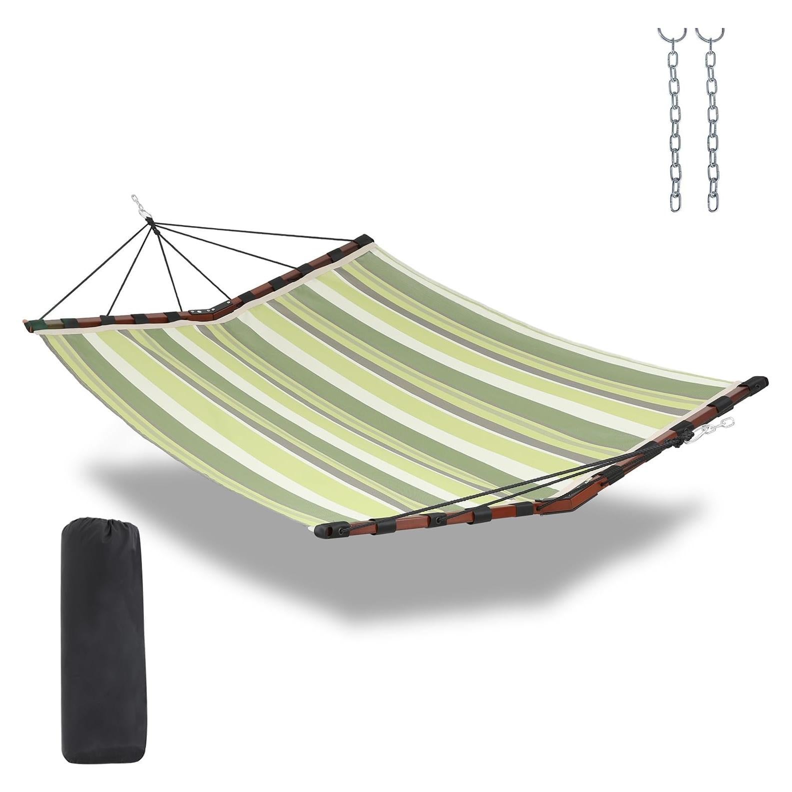 TegerDeger 12FT 2 Person Hammock Large Hammock Quick Dry 450LB Capacity with V Shaped Hardwood Spreader Bar & Nylon Rope for Outside, Patio, Garden, Backyard, Beach, Poolside - Tender Green Stripes